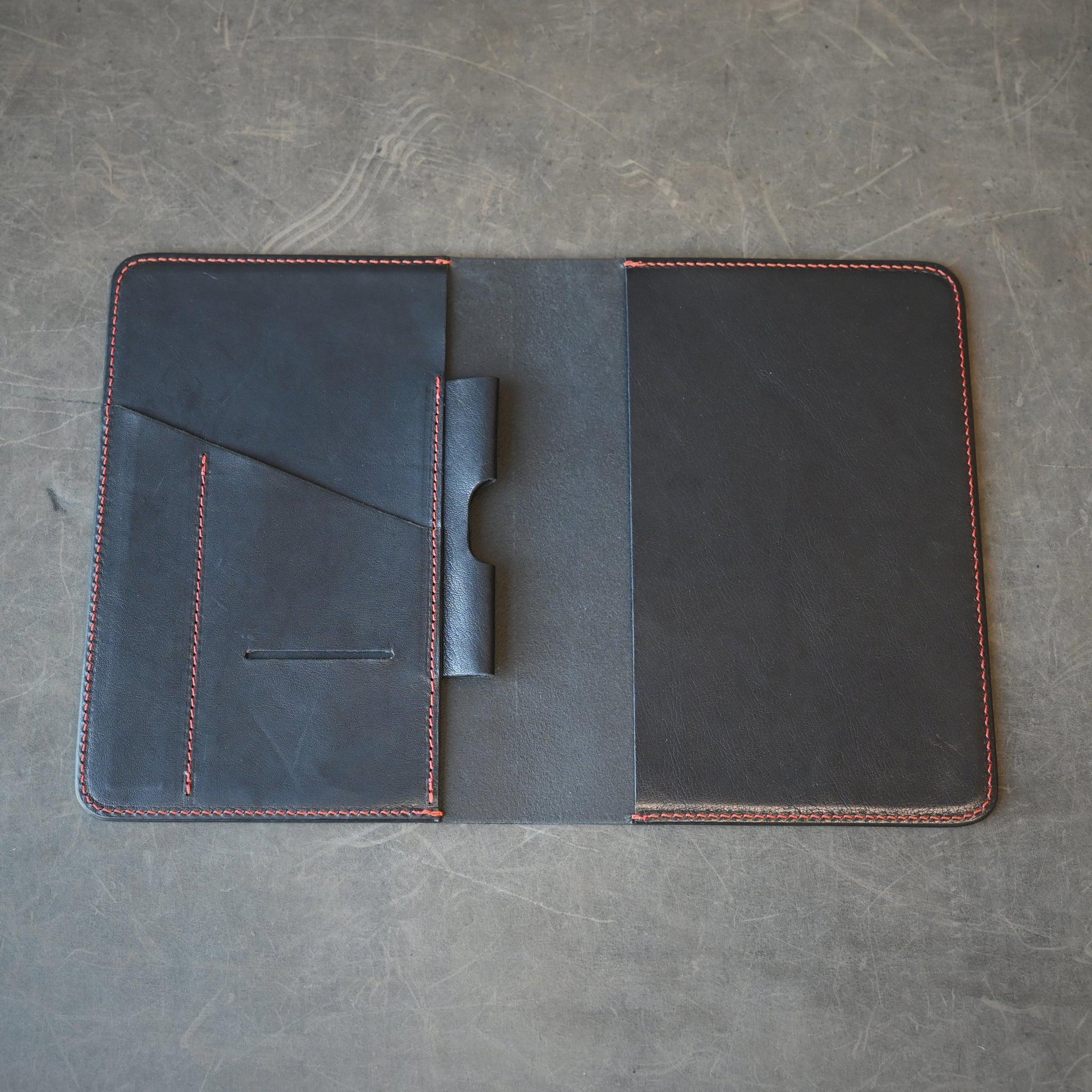 A5 Leather Notebook Cover Black W/ Orange Thread