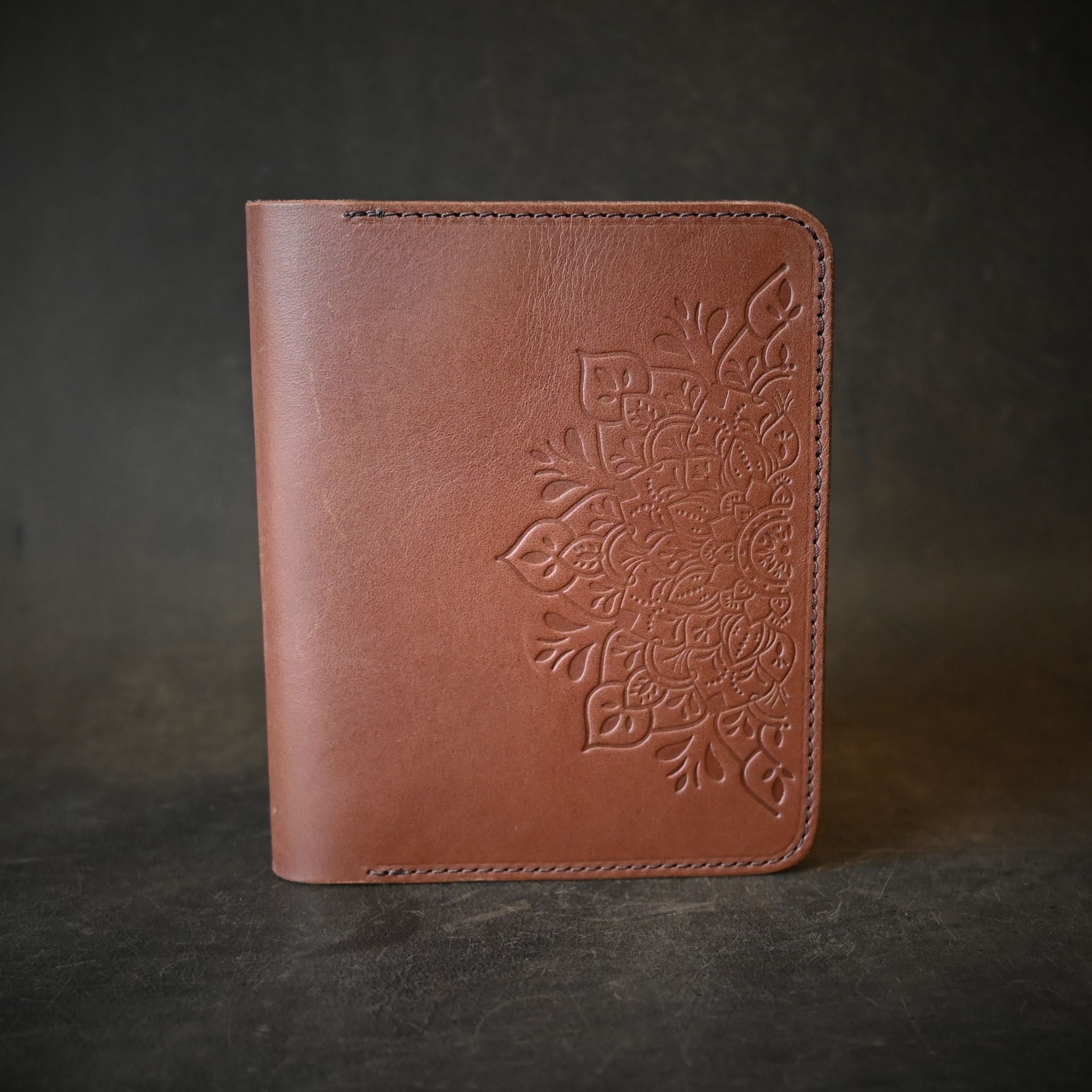 A6 Leather Notebook Cover Chocolate Brown with Mandala Stamp