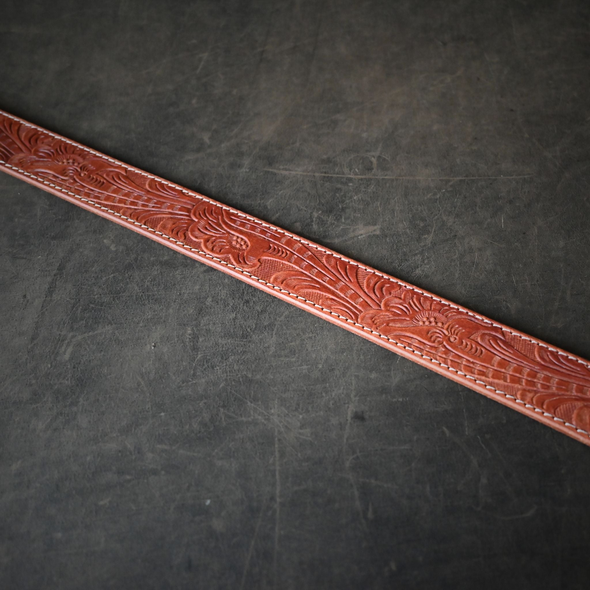 Medium Brown Leather Belt Embossed with Floral Design & Cream Stitching