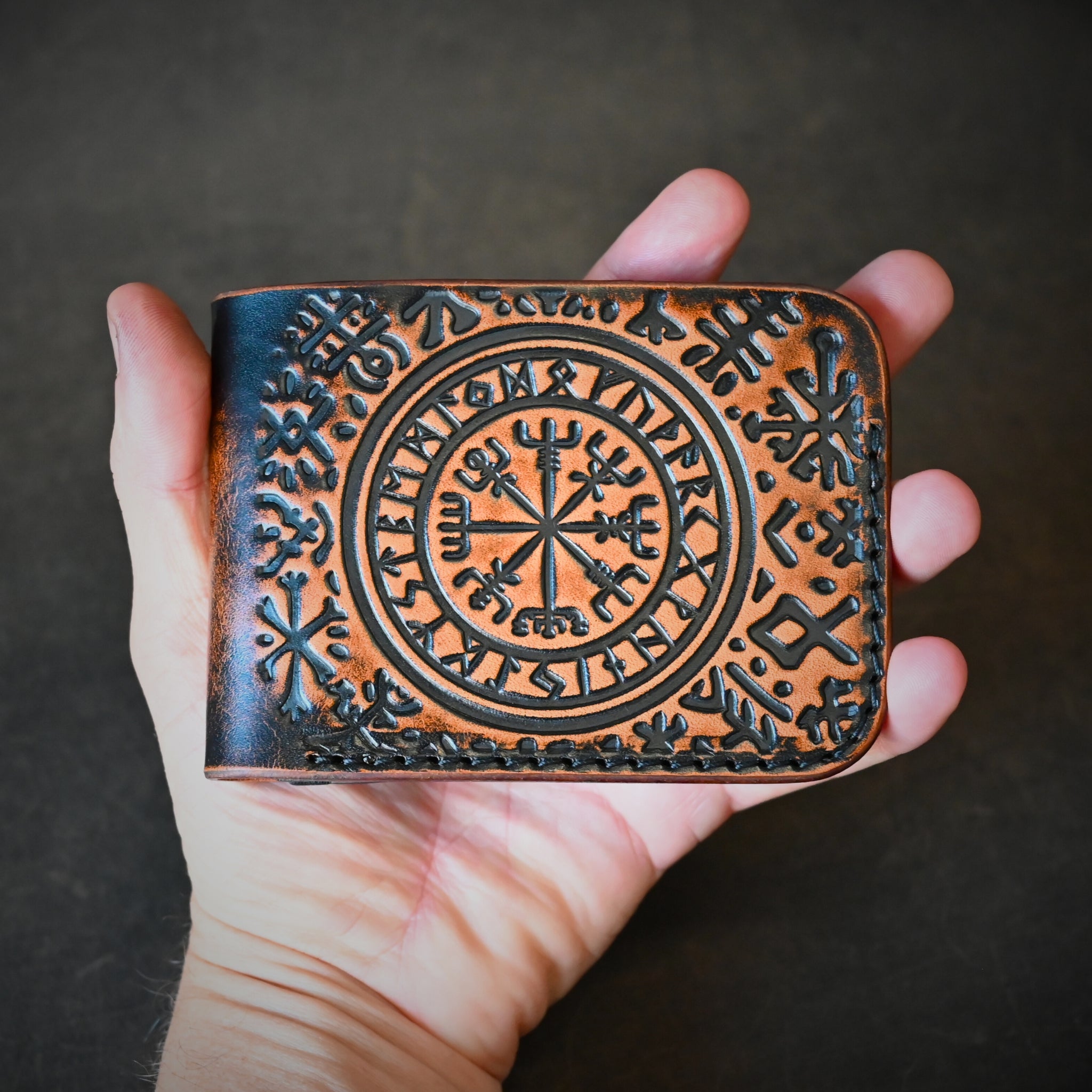 Norse Themed Bifold Wallet Ghost Leather Saddle Tan