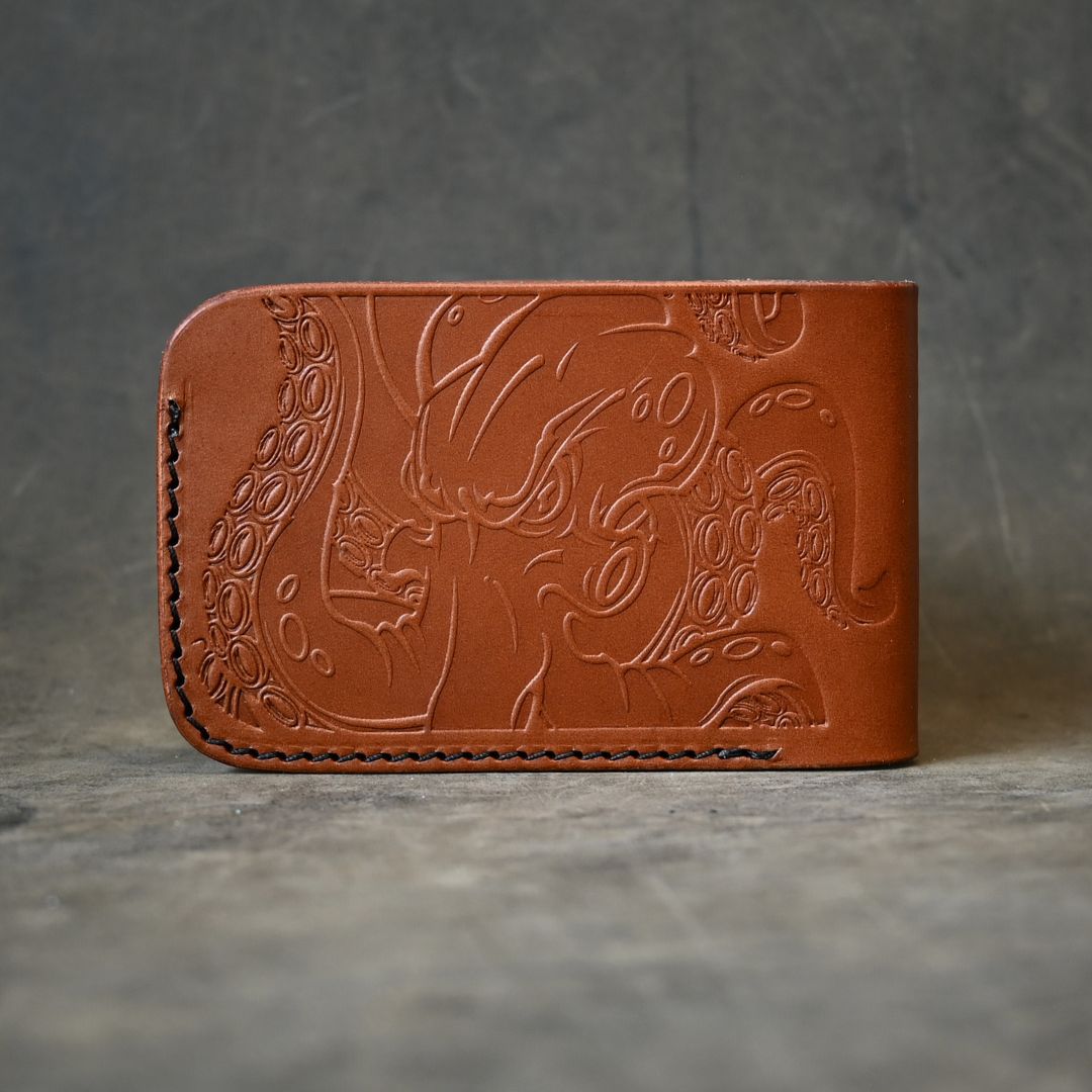 Octopus Themed Minimalist Bifold Wallet Saddle Tan