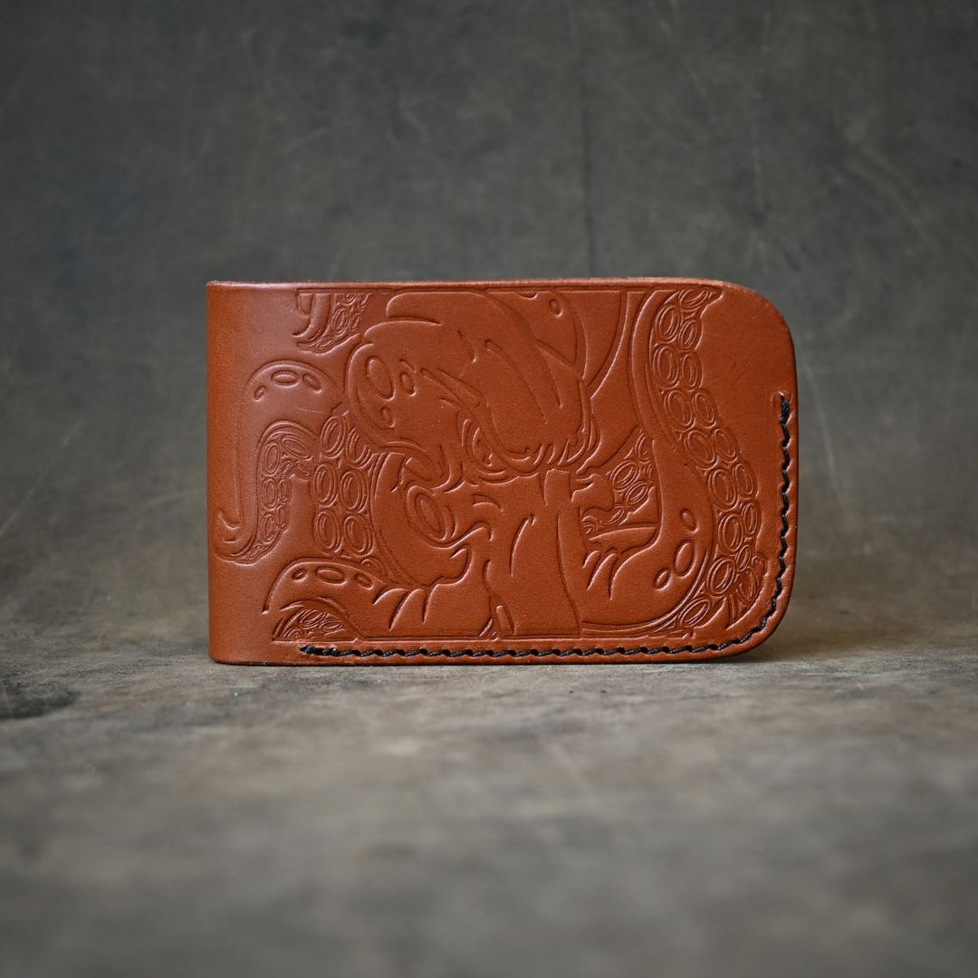 Octopus Themed Minimalist Bifold Wallet Saddle Tan