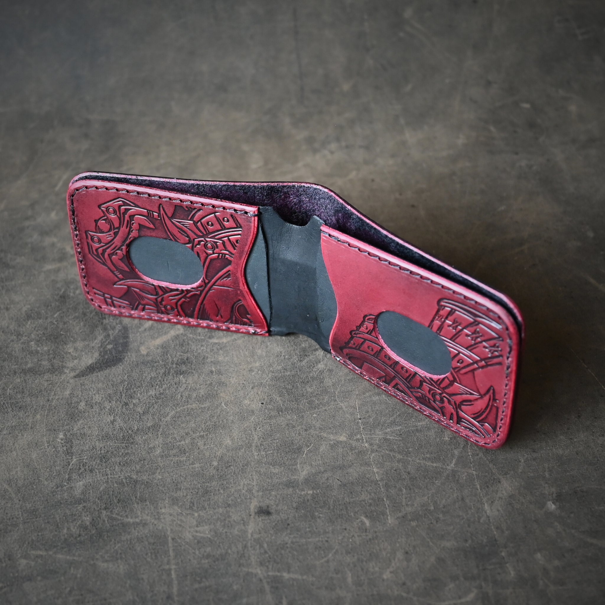 Oxblood Samurai Mask Themed Bifold 2.0 Leather Wallet