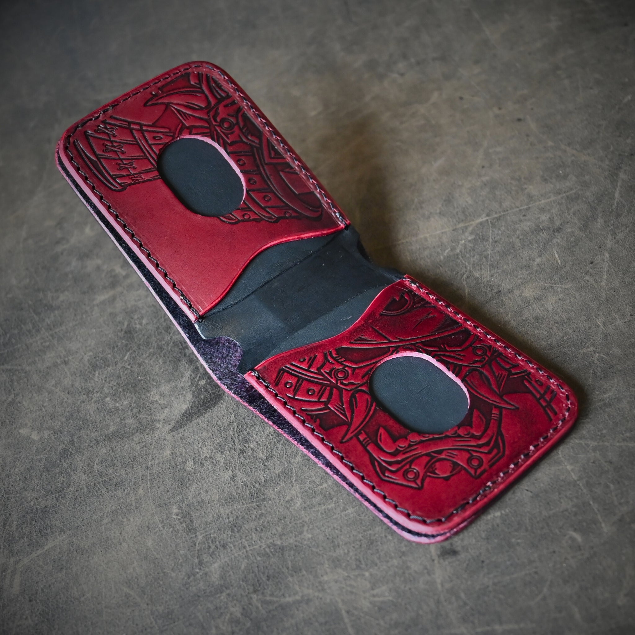Oxblood Samurai Mask Themed Bifold 2.0 Leather Wallet