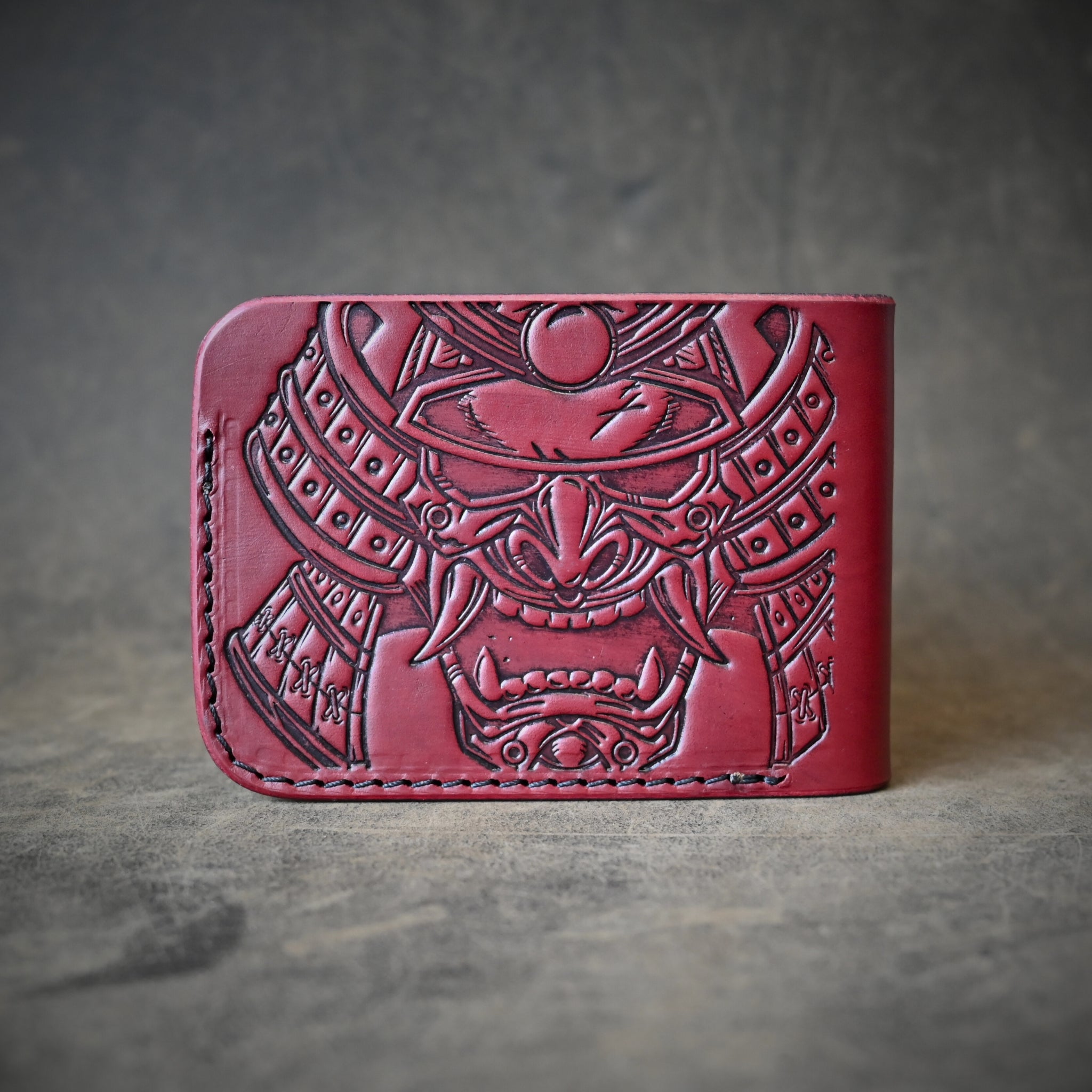 Oxblood Samurai Mask Themed Bifold 2.0 Leather Wallet