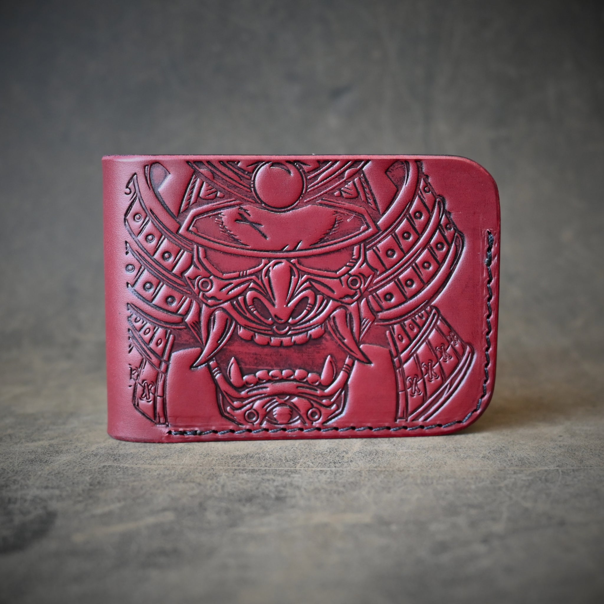 Oxblood Samurai Mask Themed Bifold 2.0 Leather Wallet