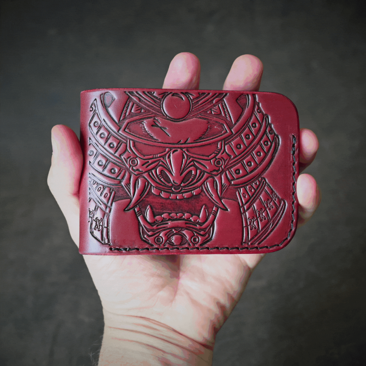 Oxblood Samurai Mask Themed Bifold 2.0 Leather Wallet
