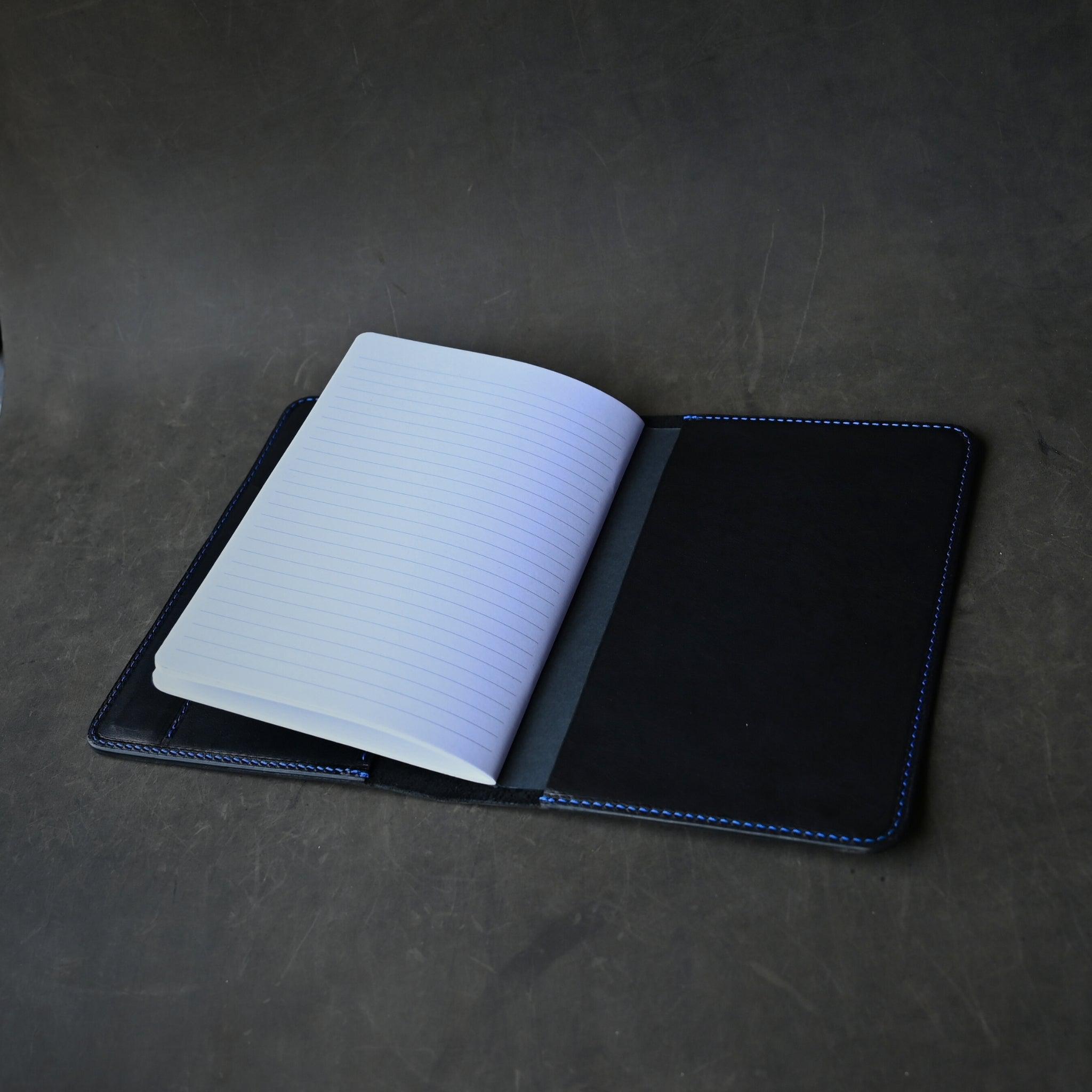 Ready To Ship A5 Leather Notebook Cover Black w/ Blue Thread