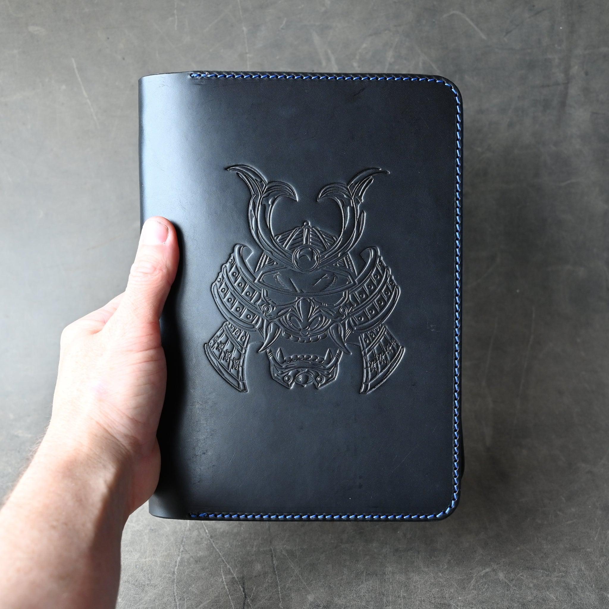 Ready To Ship! A5 Leather Notebook Cover Black w/ Blue Thread Samurai Mask Stamp