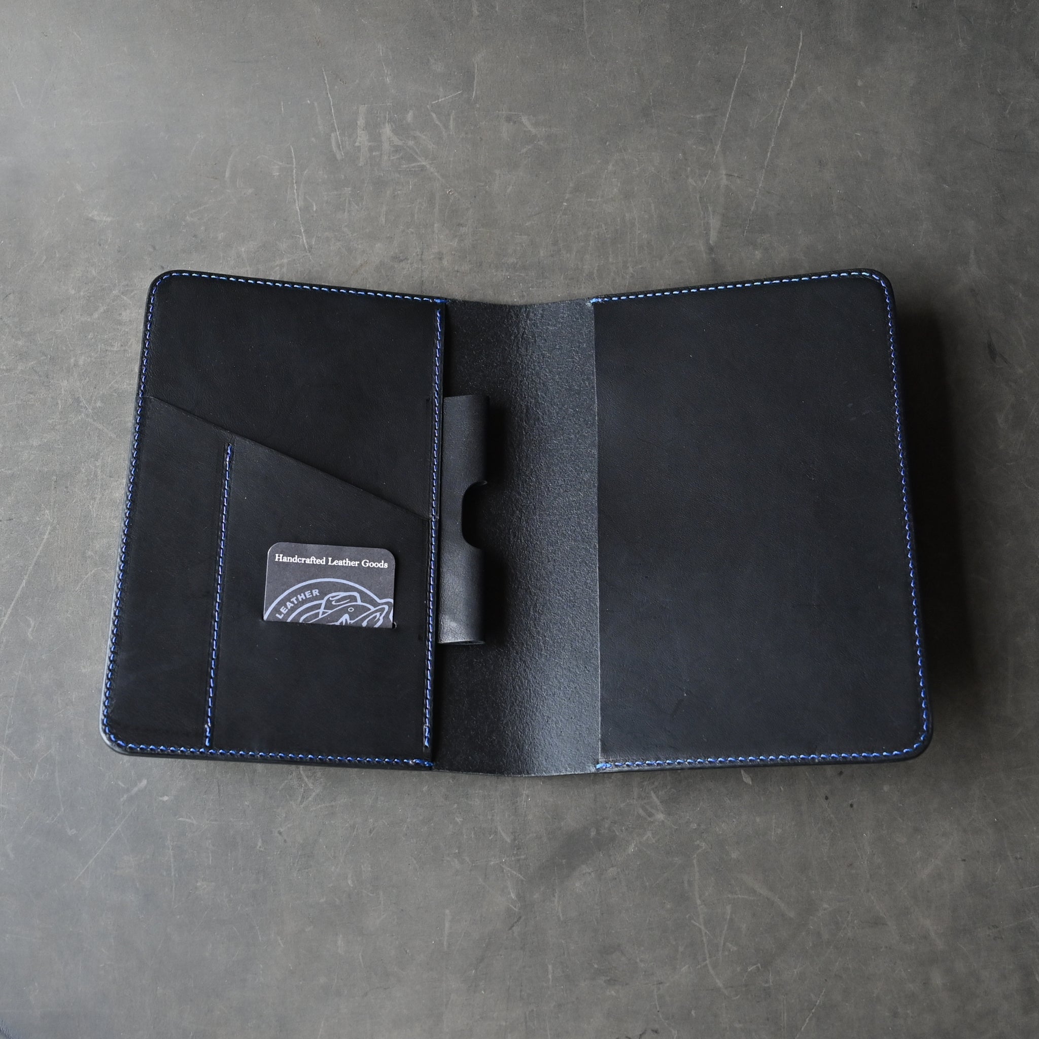 Ready To Ship! A5 Leather Notebook Cover Black w/ Blue Thread Samurai Mask Stamp