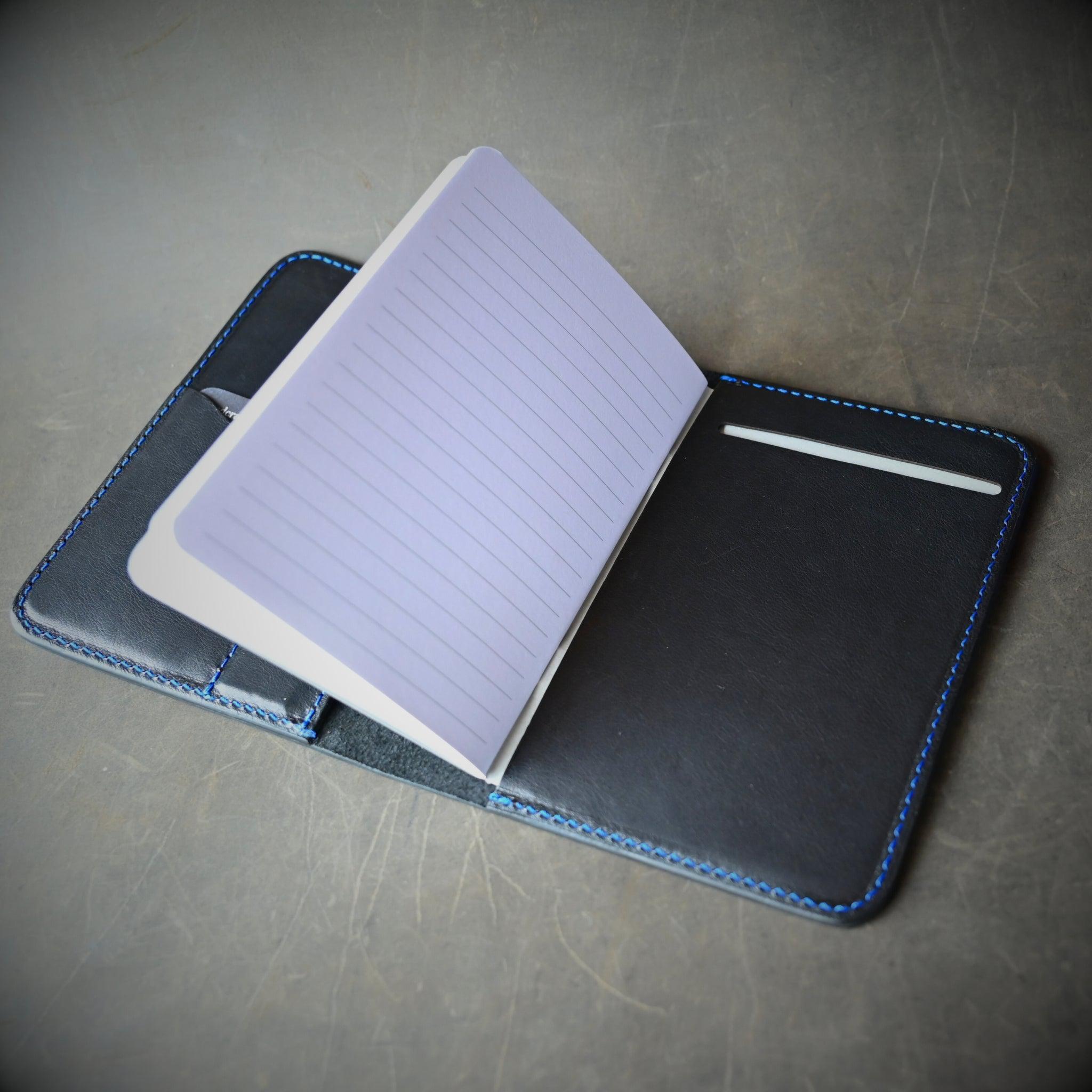 Ready To Ship A6 Leather Notebook Cover Black w/ Blue Thread