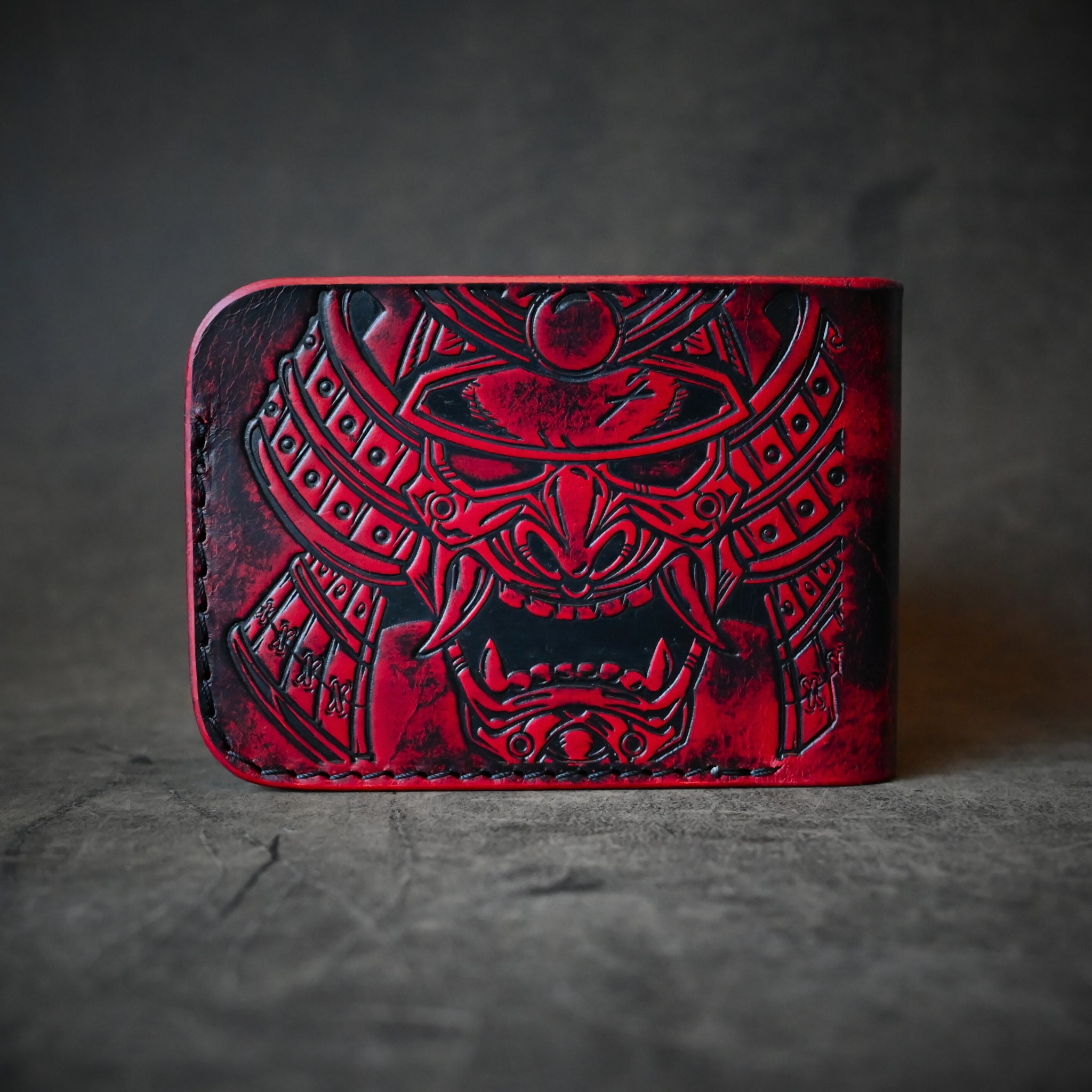 Samurai Mask Themed Bifold Wallet Ghost Leather Black Cherry Ghost