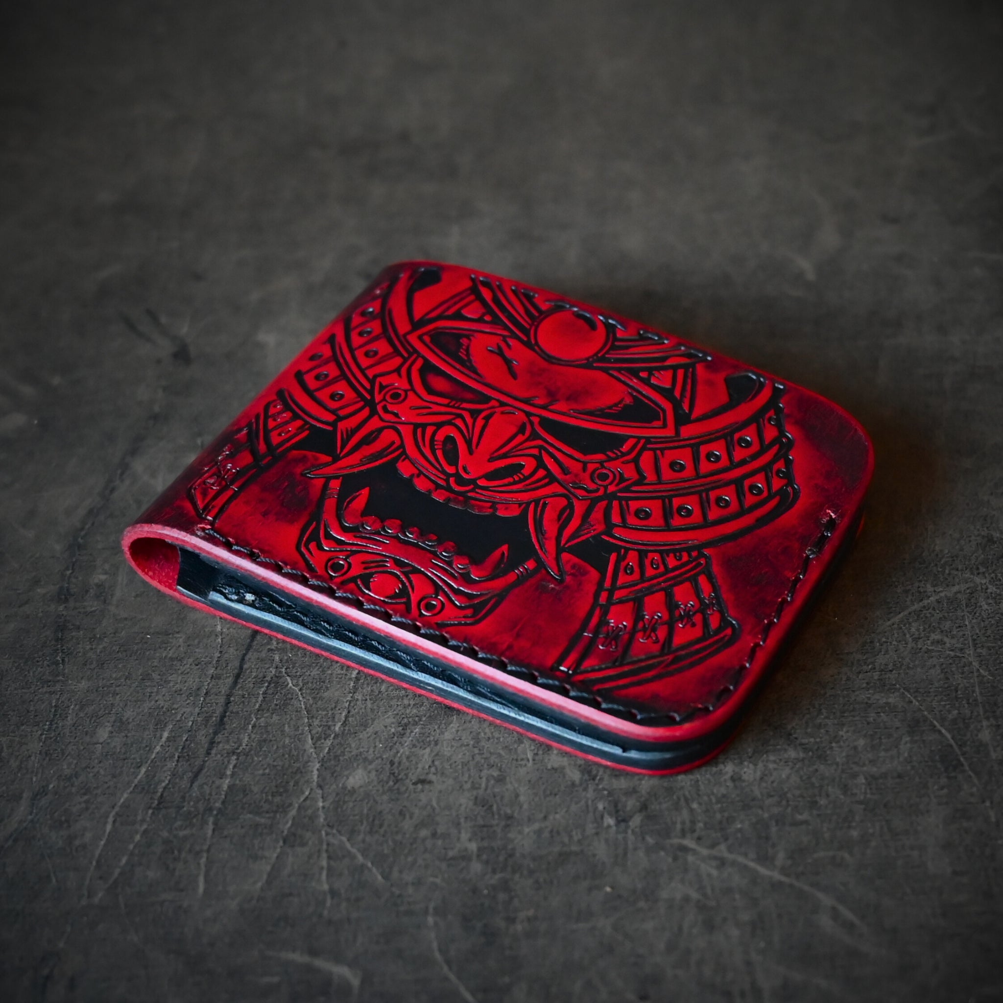 Samurai Mask Themed Bifold Wallet Ghost Leather Black Cherry Ghost