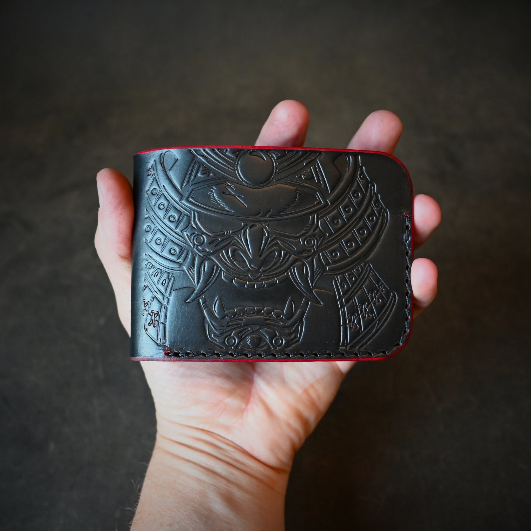 Samurai Mask Themed Bifold Wallet Ghost Leather Black Cherry Ghost
