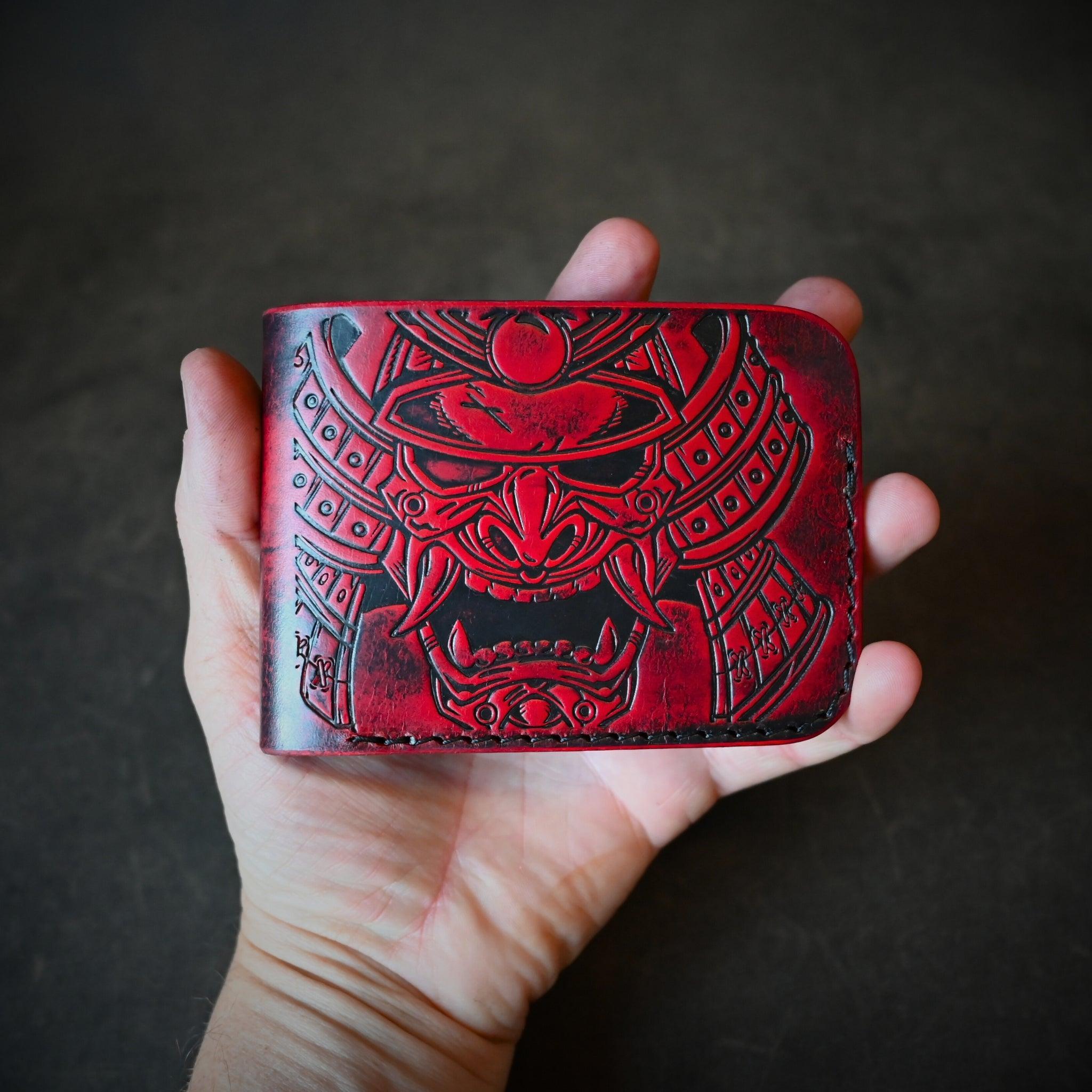 Samurai Mask Themed Bifold Wallet Ghost Leather Black Cherry Ghost