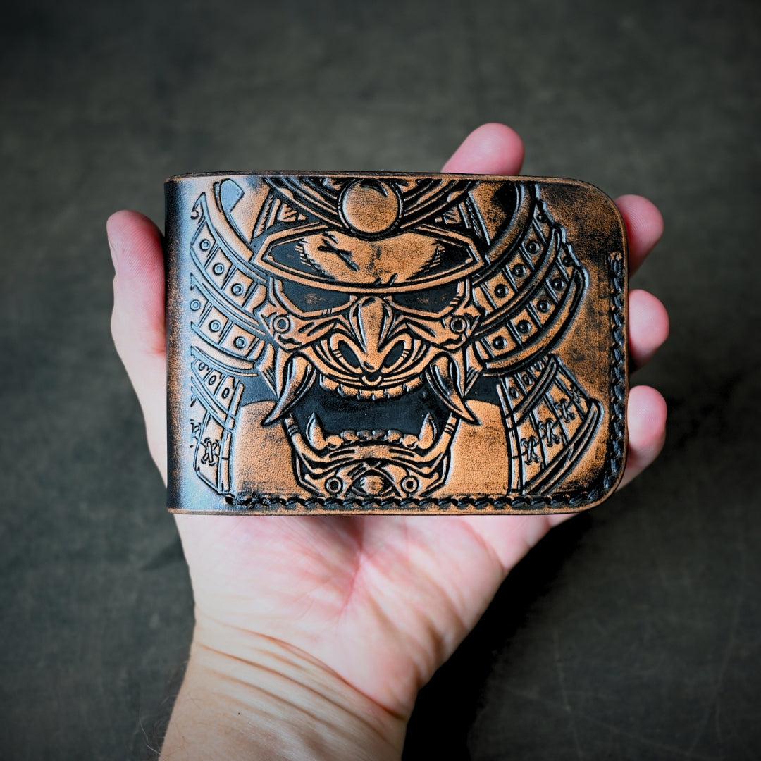 Samurai Mask Themed Bifold Wallet Ghost Leather Saddle Tan