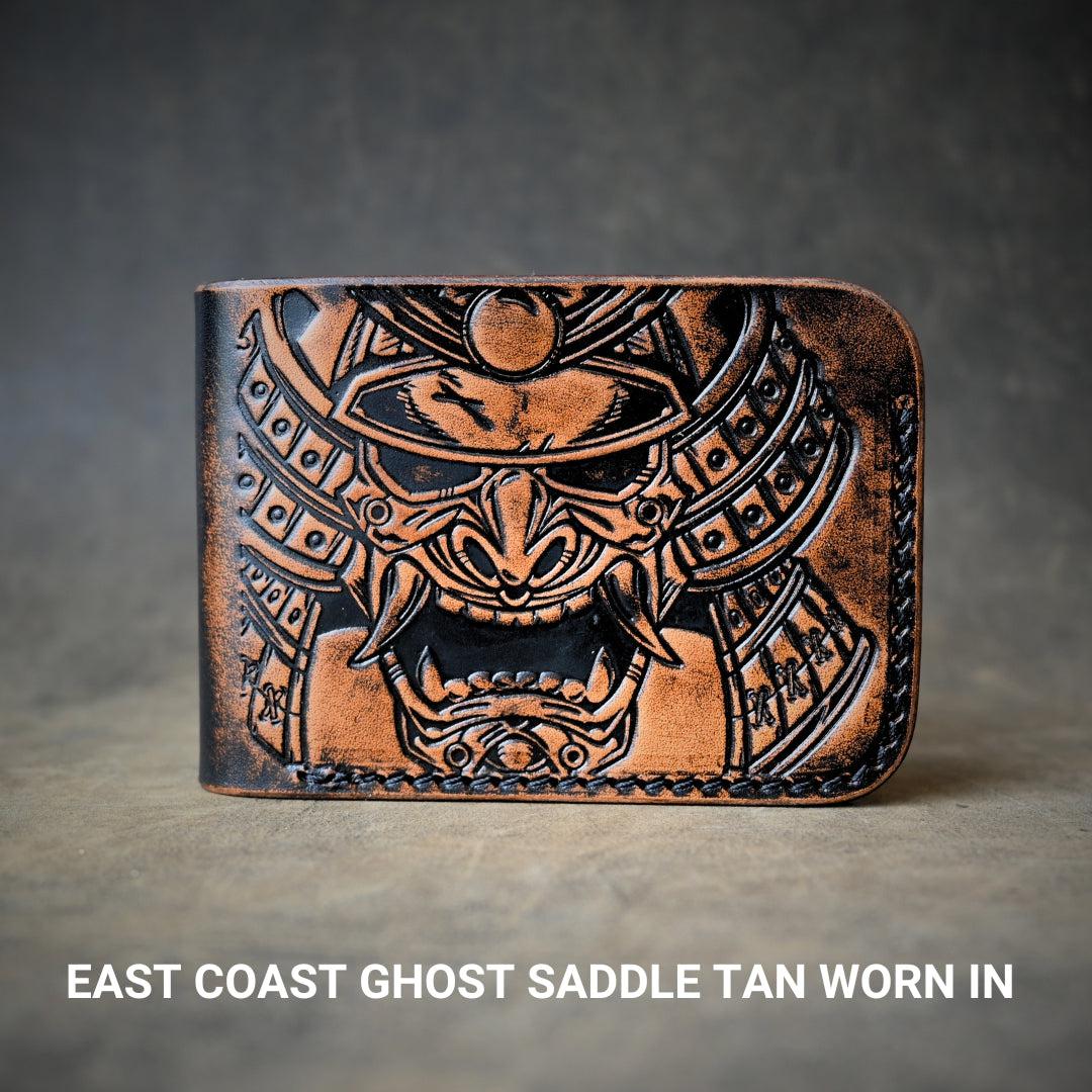Samurai Mask Themed Bifold Wallet Ghost Leather Saddle Tan