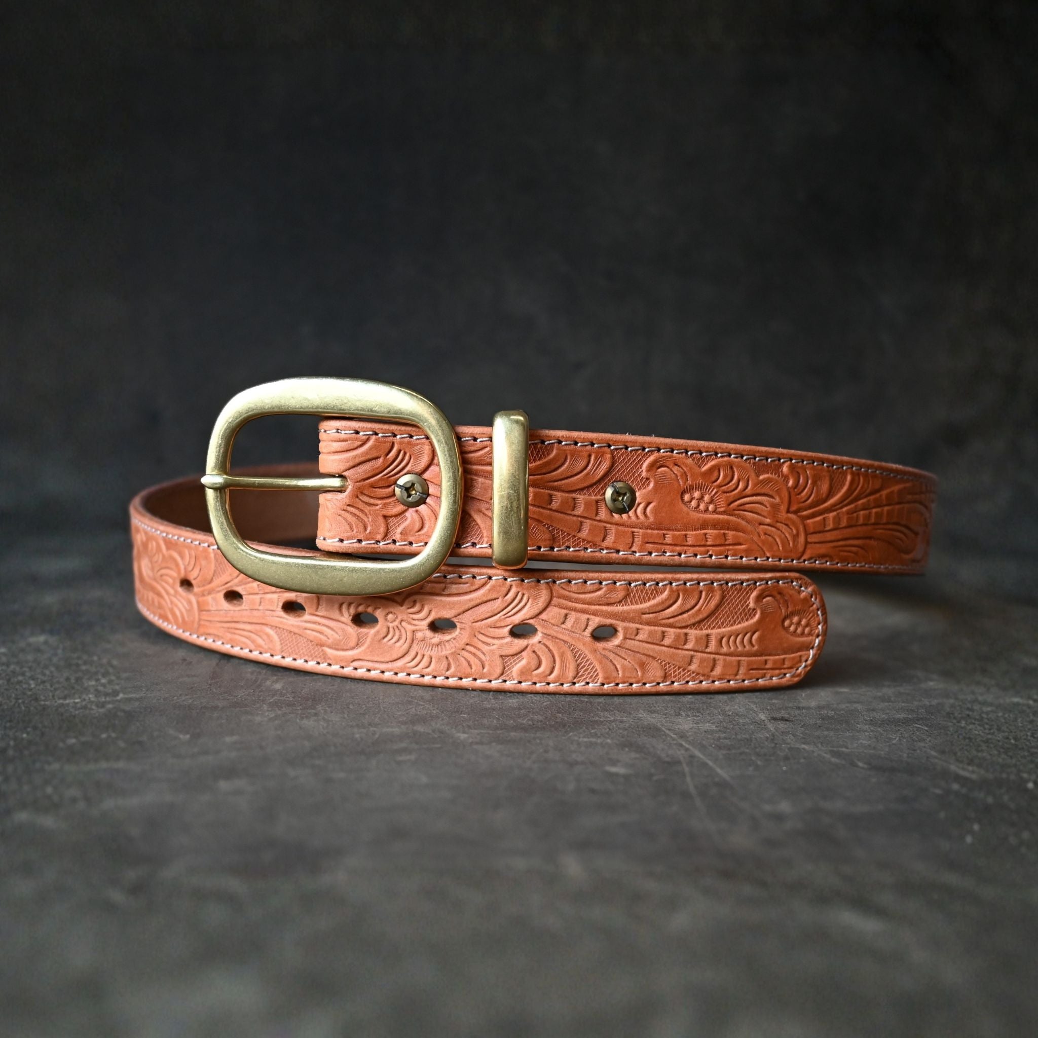 Tan Leather Belt Embossed with Floral Design & Cream Stitching
