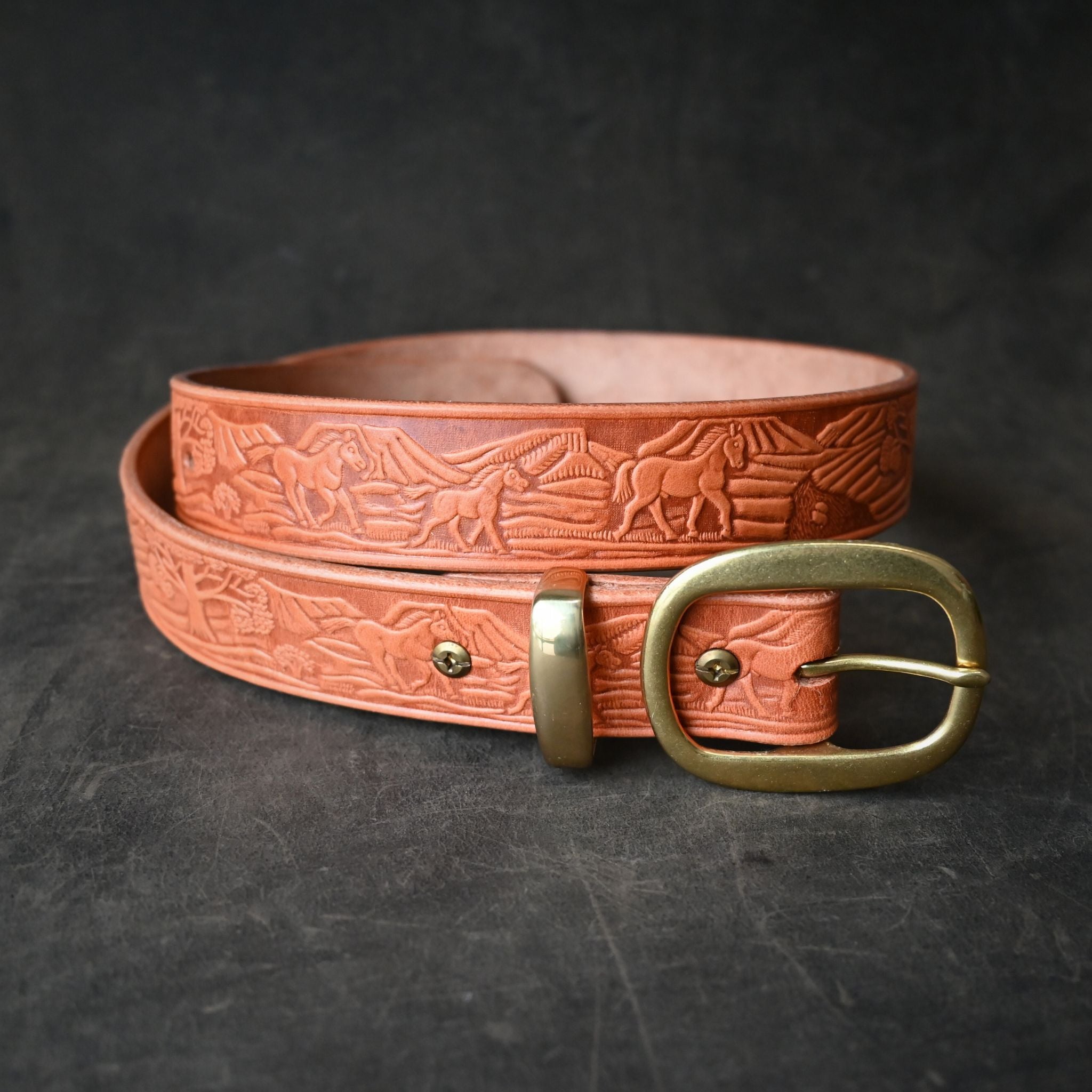 Tan Leather Belt Embossed with Horse Landscape