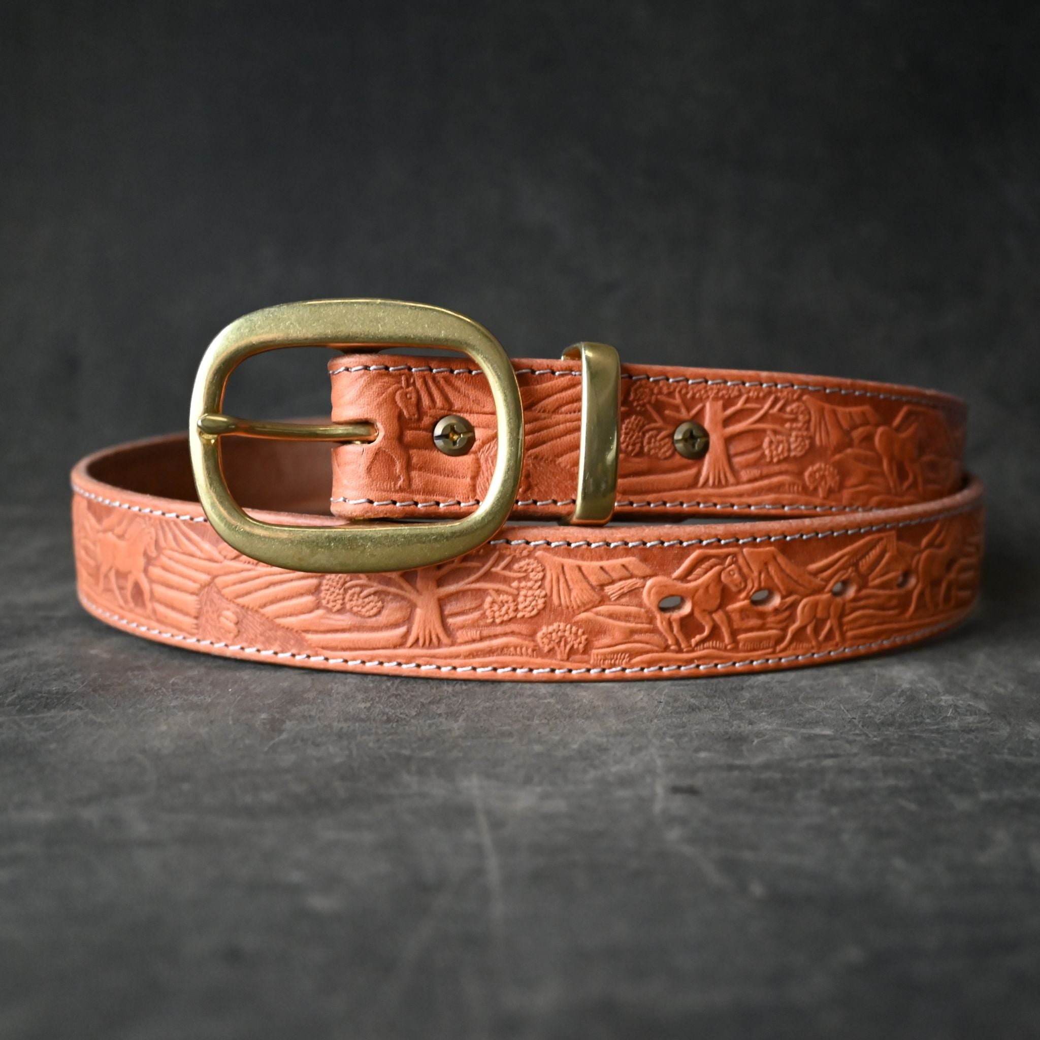 Tan Leather Belt Embossed with Horse Landscape & Cream Stitching