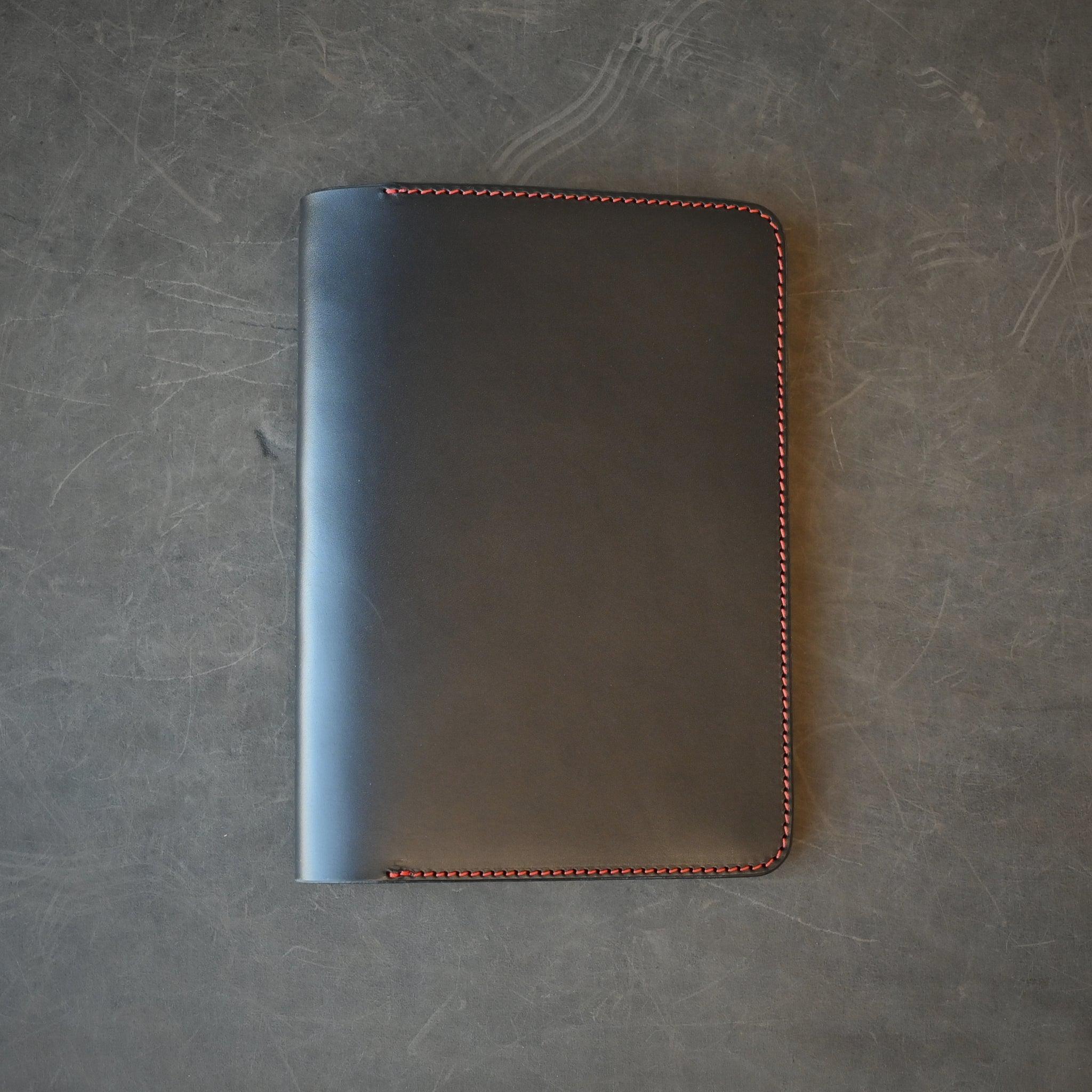 A5 Leather Notebook Cover Black W/ Orange Thread