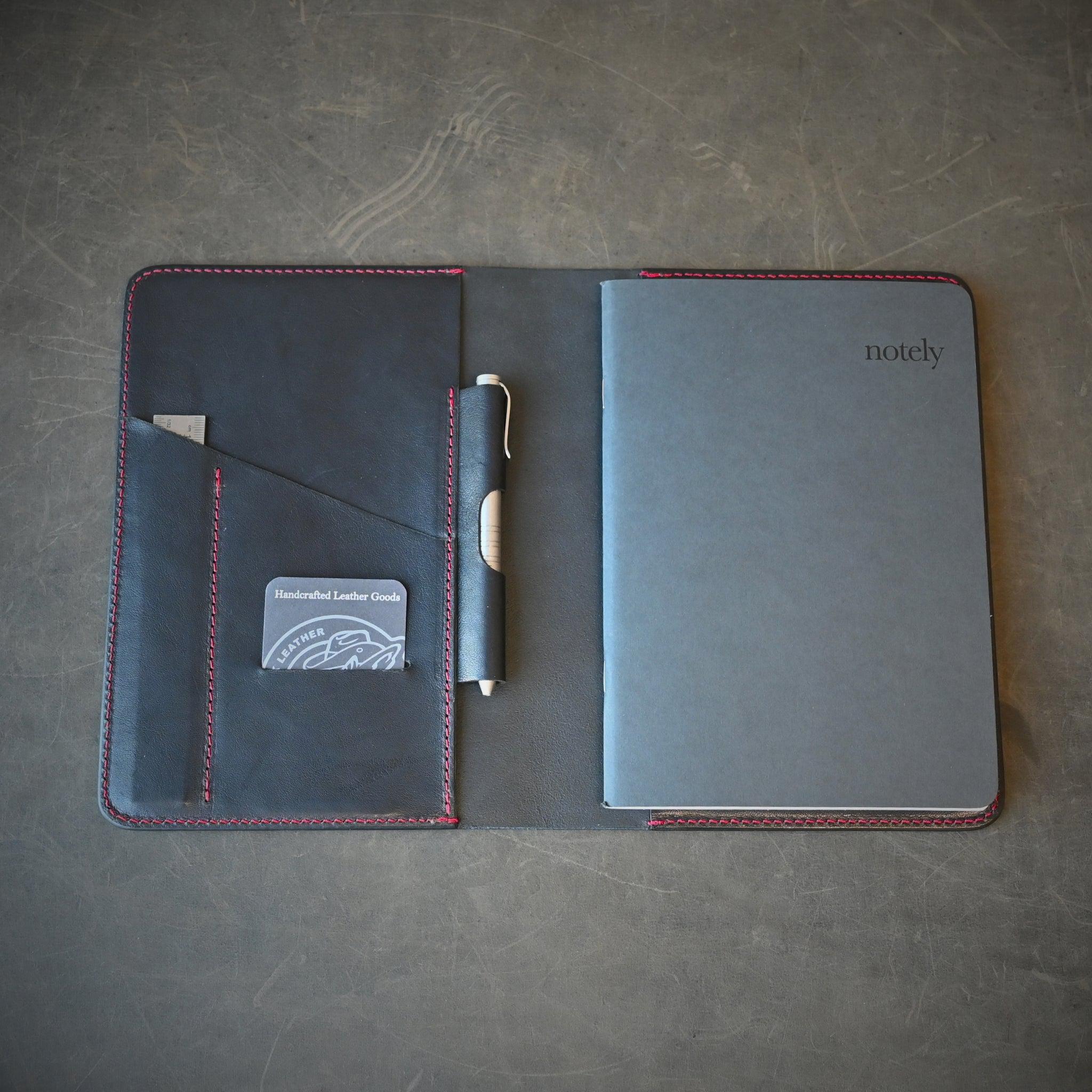 A5 Leather Notebook Cover Black W/ Red Thread