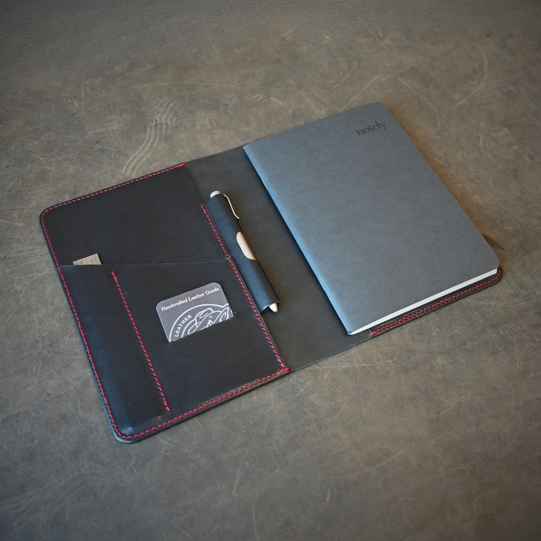 A5 Leather Notebook Cover Black W/ Red Thread