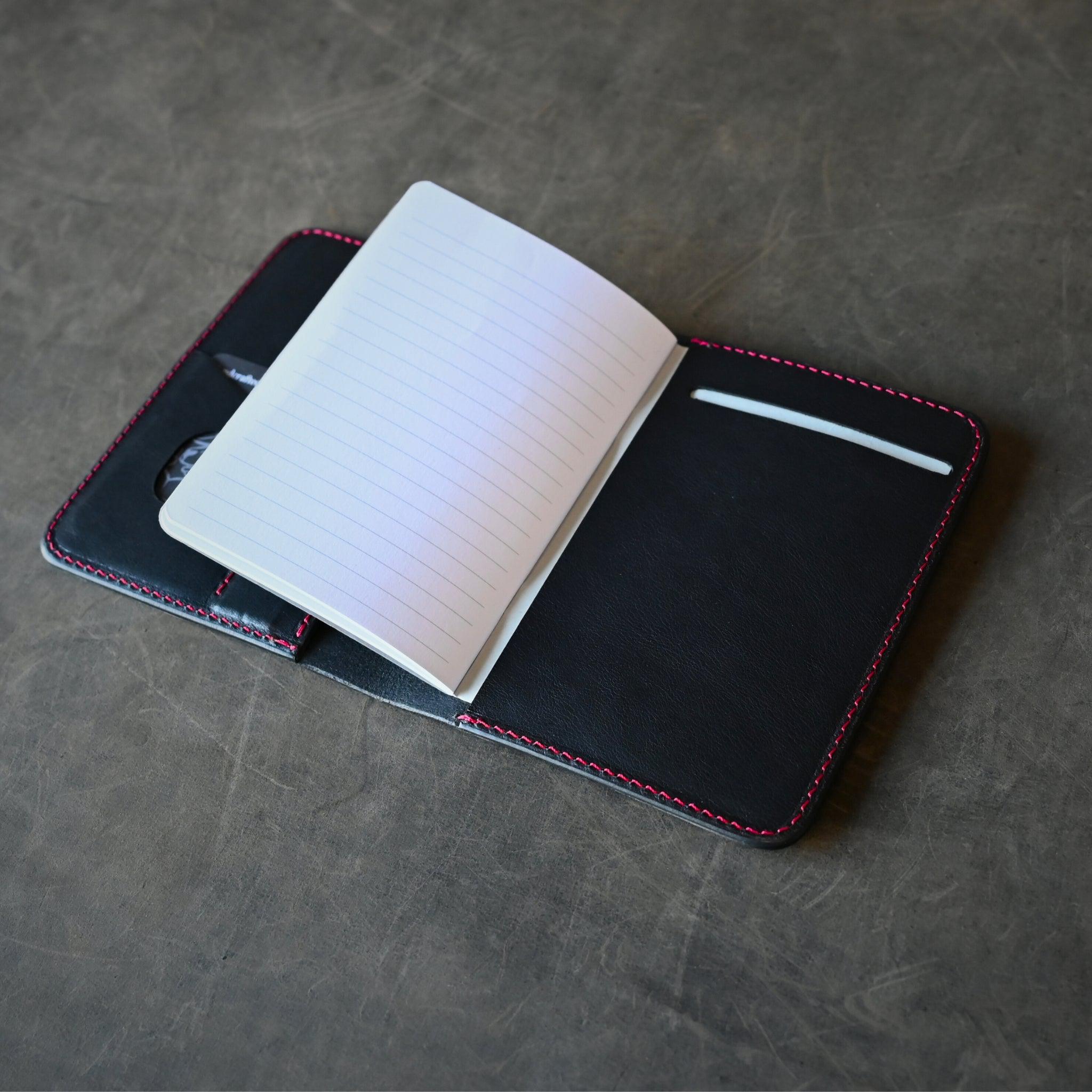 A6 Leather Notebook Cover Black With Red Thread