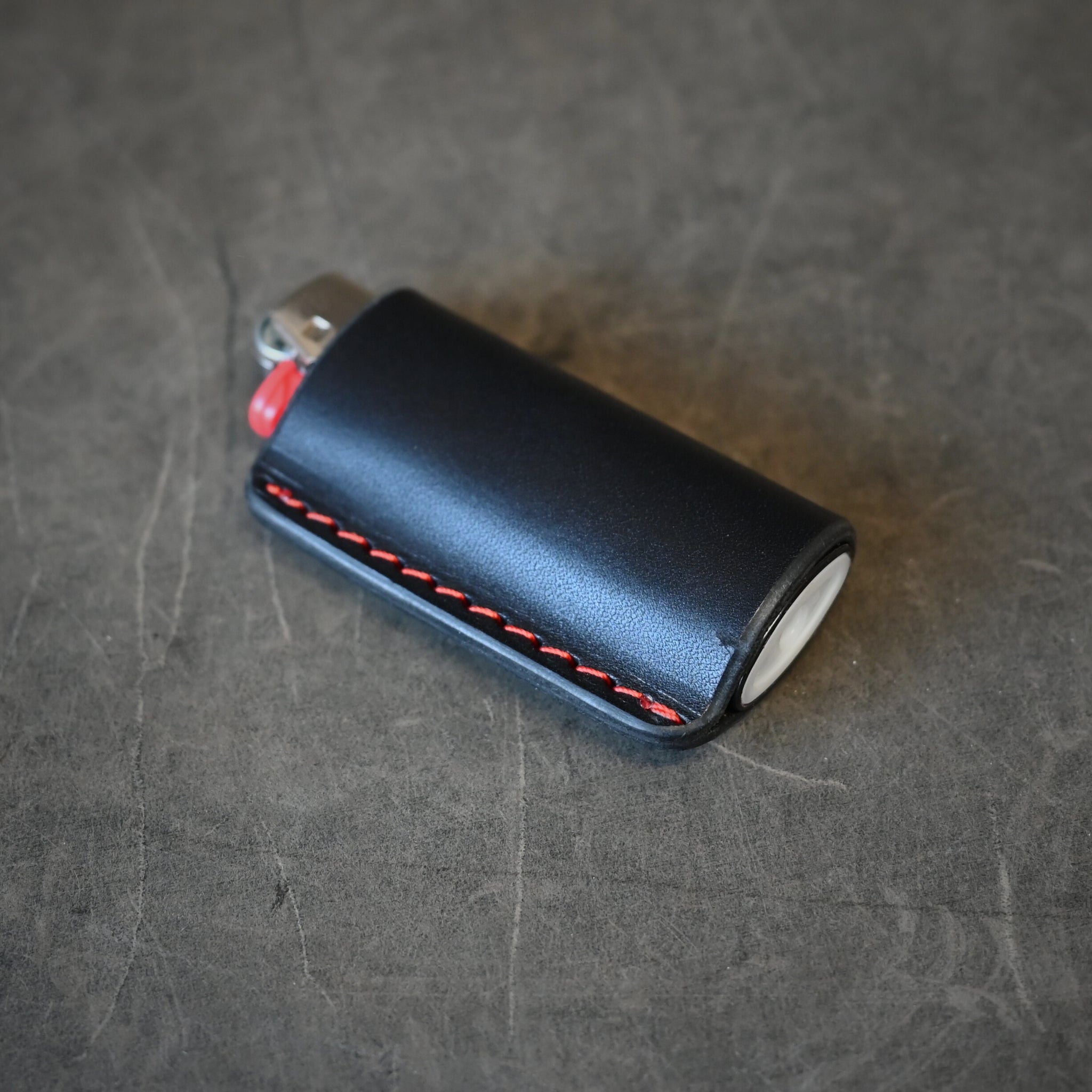 Black Leather Bic Lighter Sleeve With Orange Thread