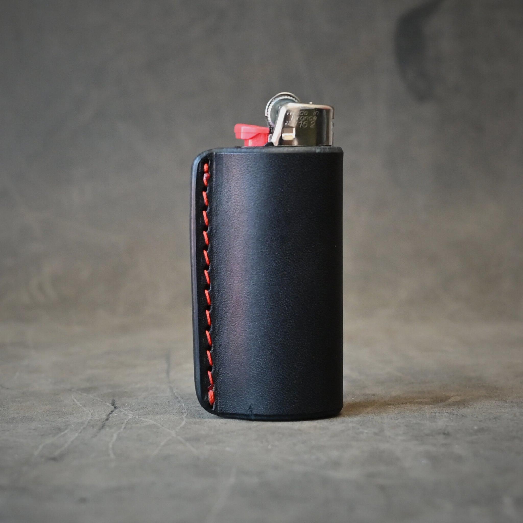 Black Leather Bic Lighter Sleeve With Orange Thread