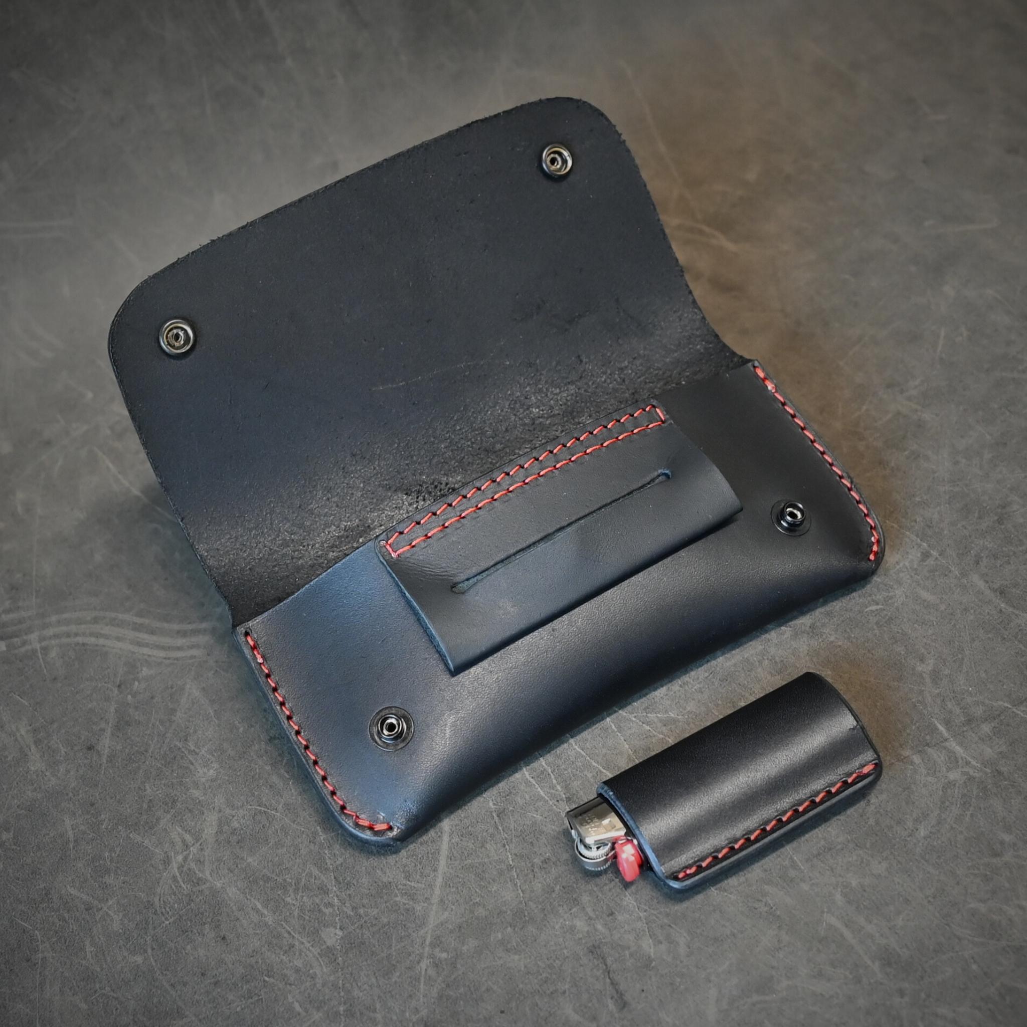 Black Leather Tobacco Pouch with Orange Thread