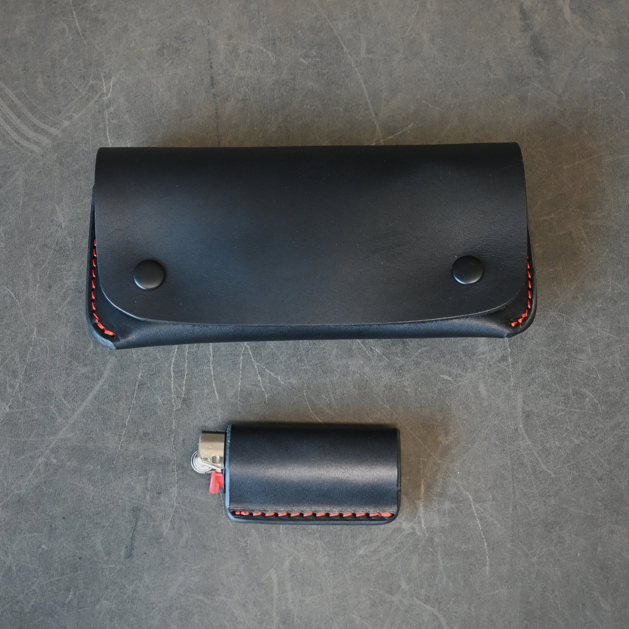 Black Leather Tobacco Pouch with Orange Thread