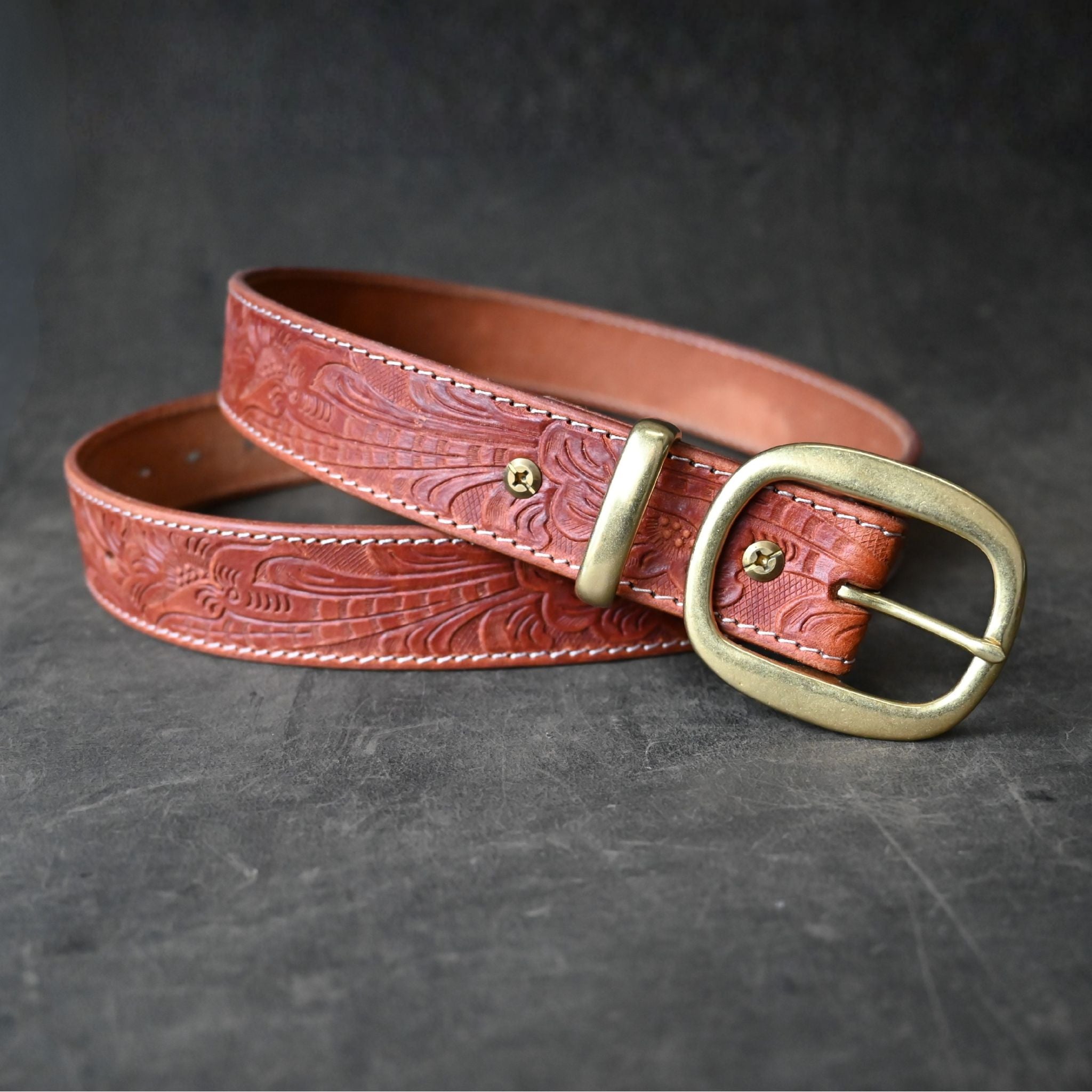 Medium Brown Leather Belt Embossed with Floral Design & Cream Stitching