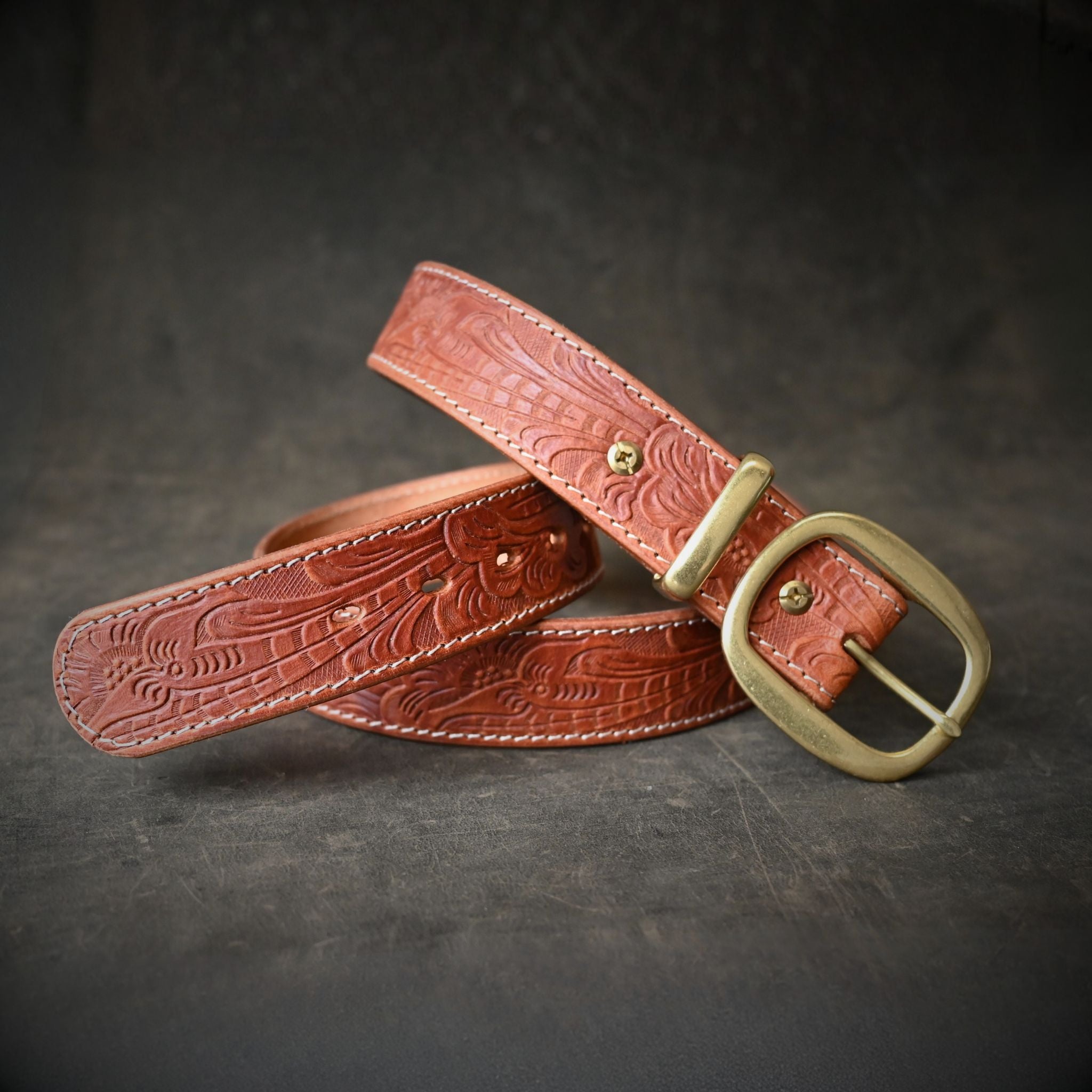 Medium Brown Leather Belt Embossed with Floral Design & Cream Stitching