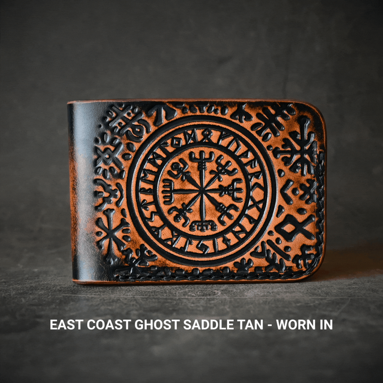 Norse Themed Bifold Wallet Ghost Leather Saddle Tan