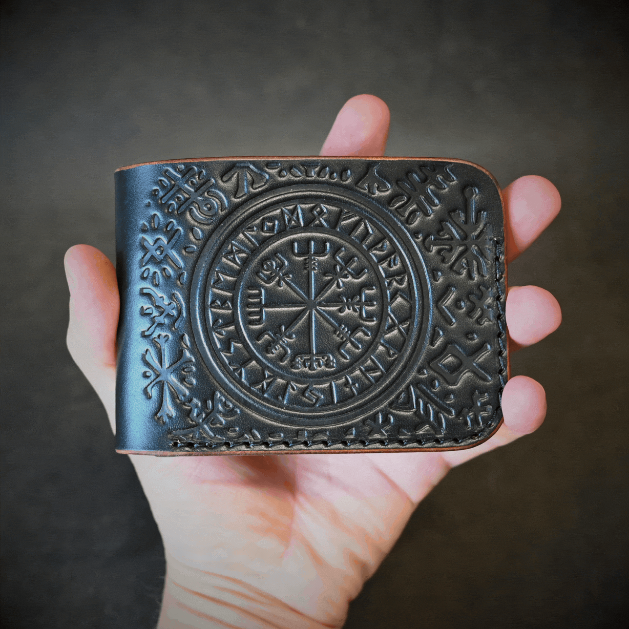 Norse Themed Bifold Wallet Ghost Leather Saddle Tan