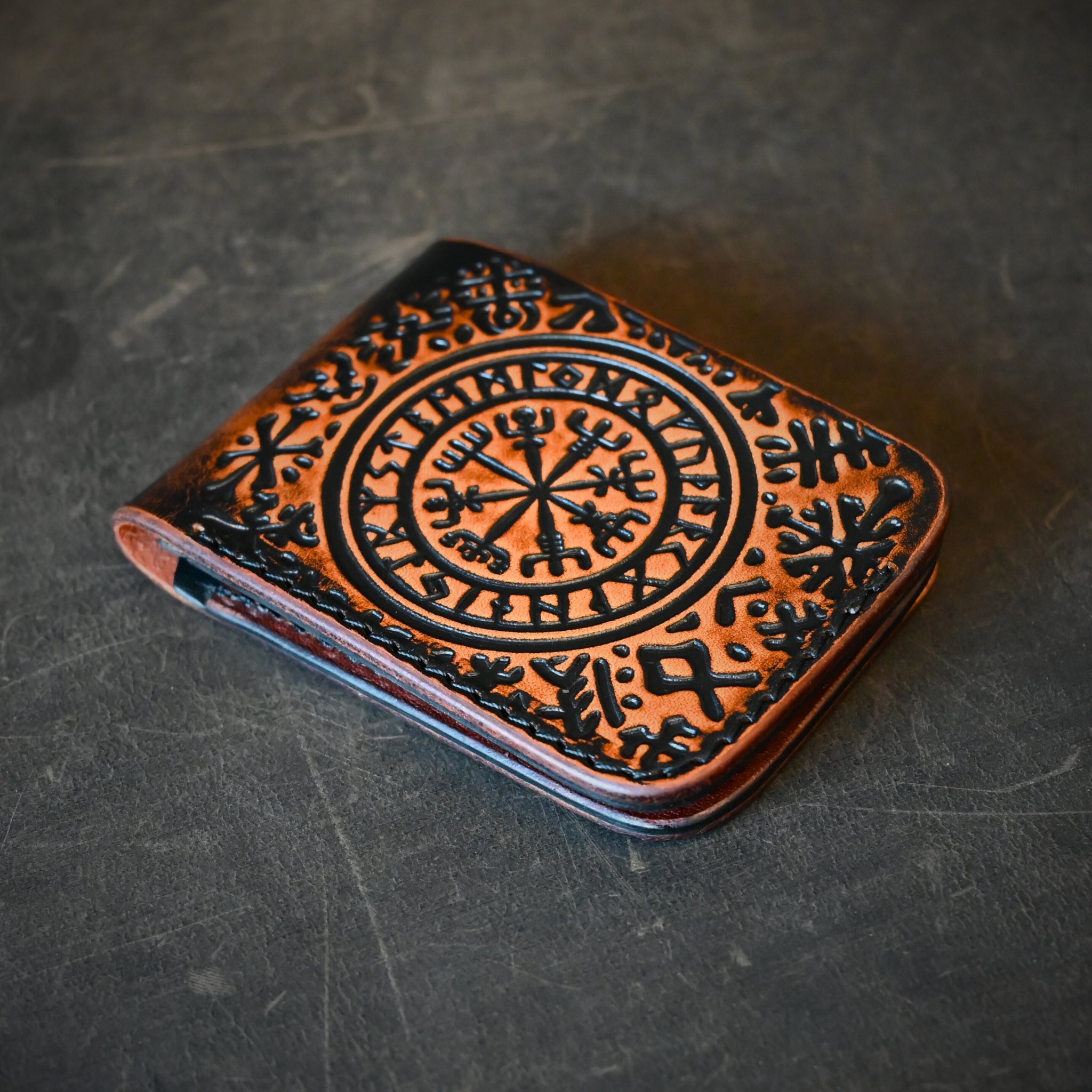 Norse Themed Bifold Wallet Ghost Leather Saddle Tan