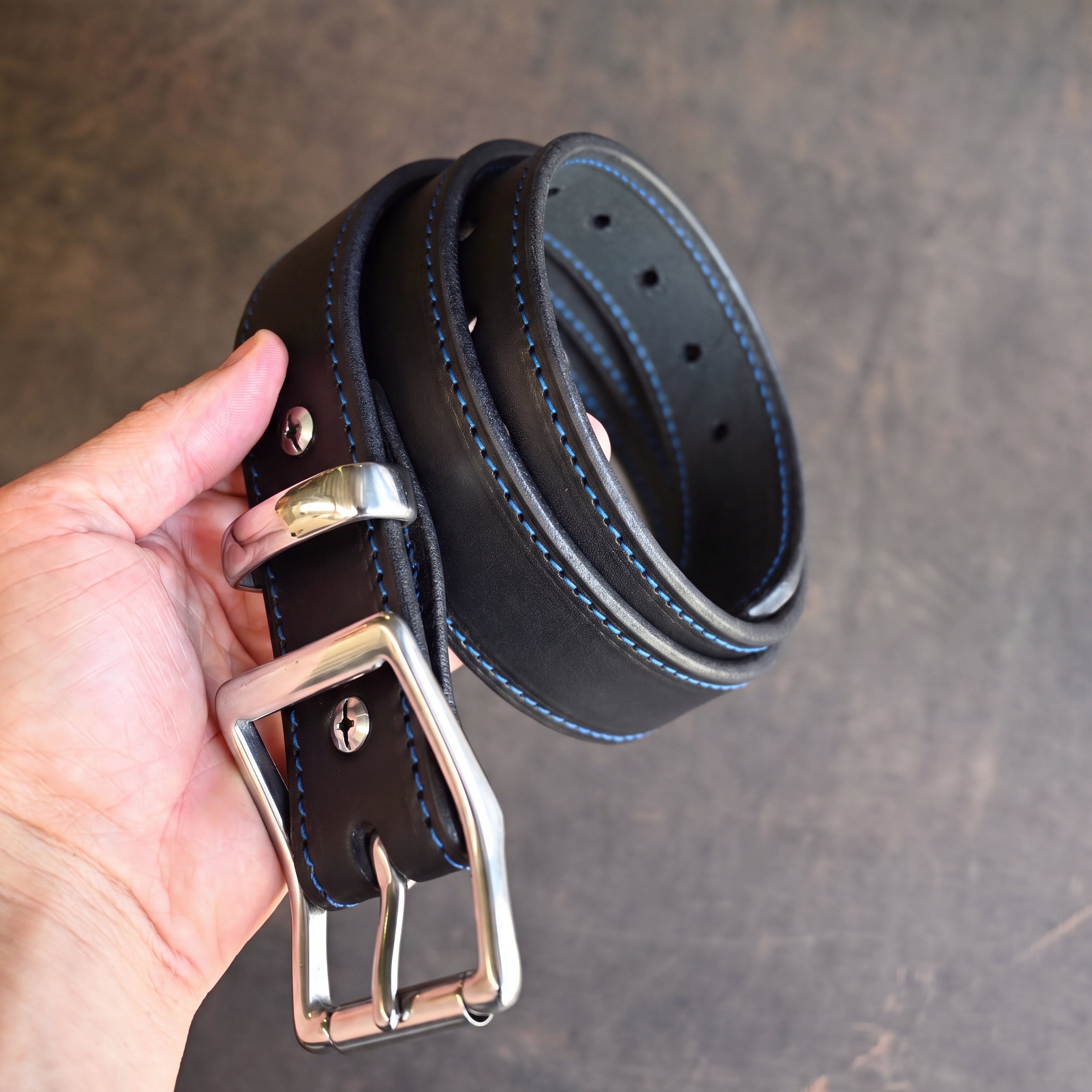 RMK Black & Blue Stitched Leather Belts