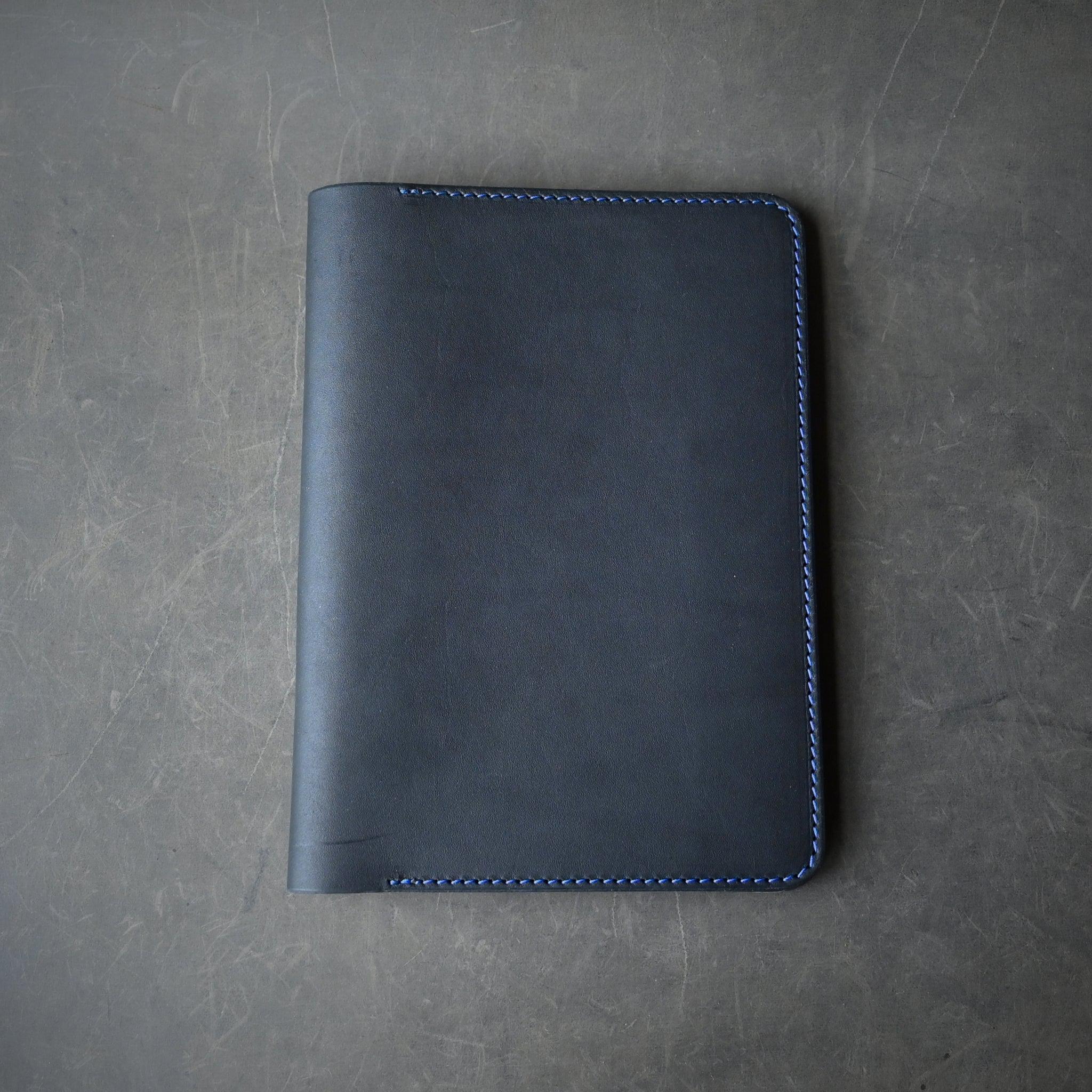 Ready To Ship A5 Leather Notebook Cover Black w/ Blue Thread