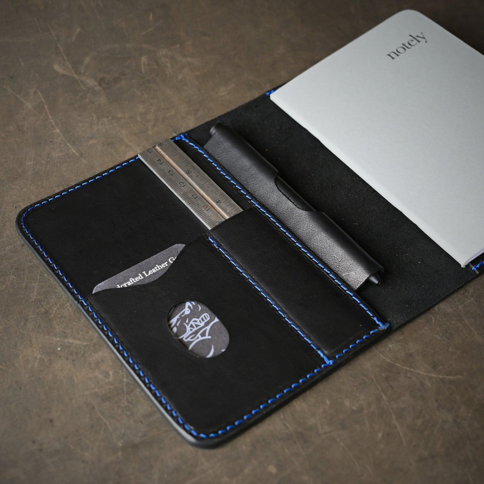 Ready To Ship A6 Leather Notebook Cover Black w/ Blue Thread