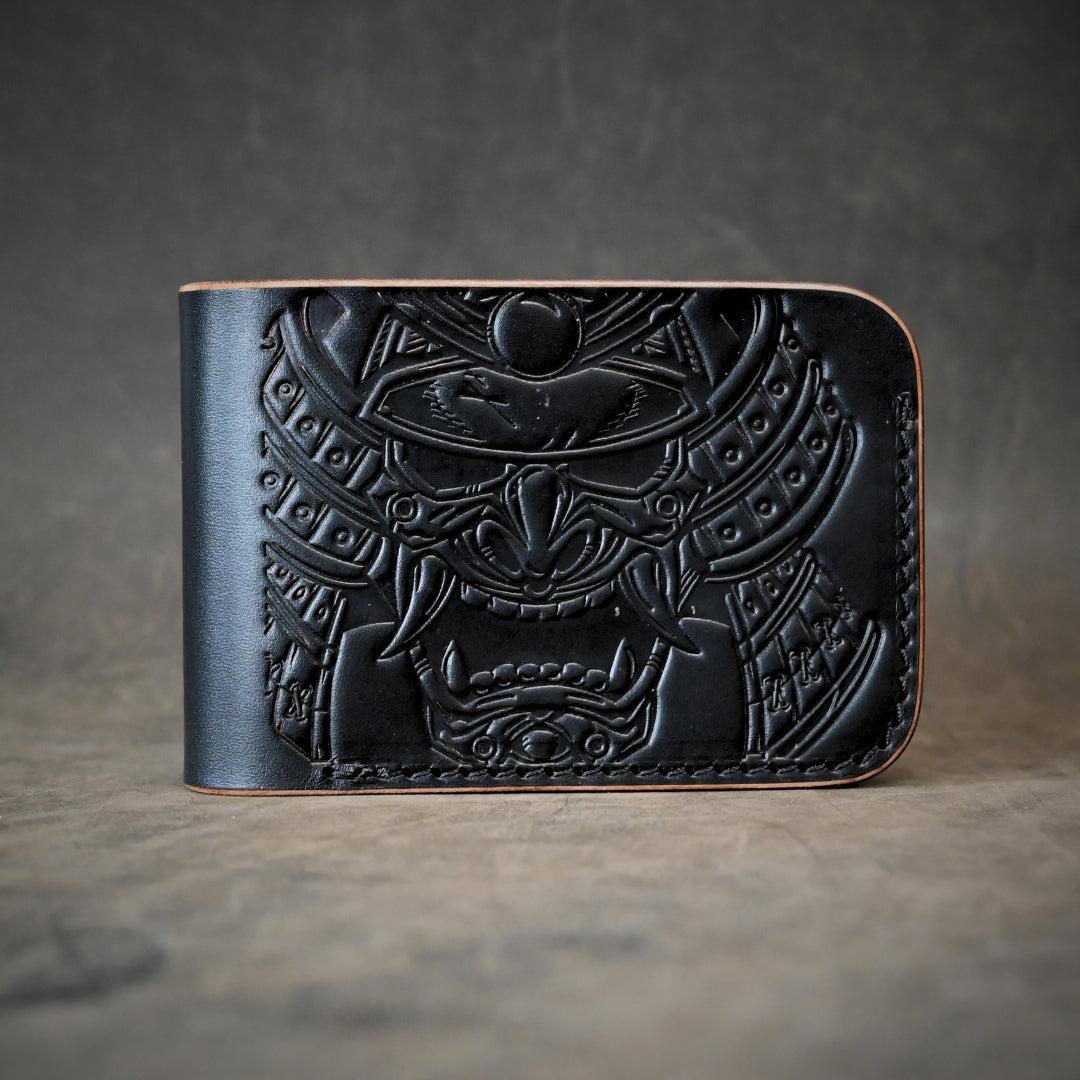 Samurai Mask Themed Bifold Wallet Ghost Leather Saddle Tan