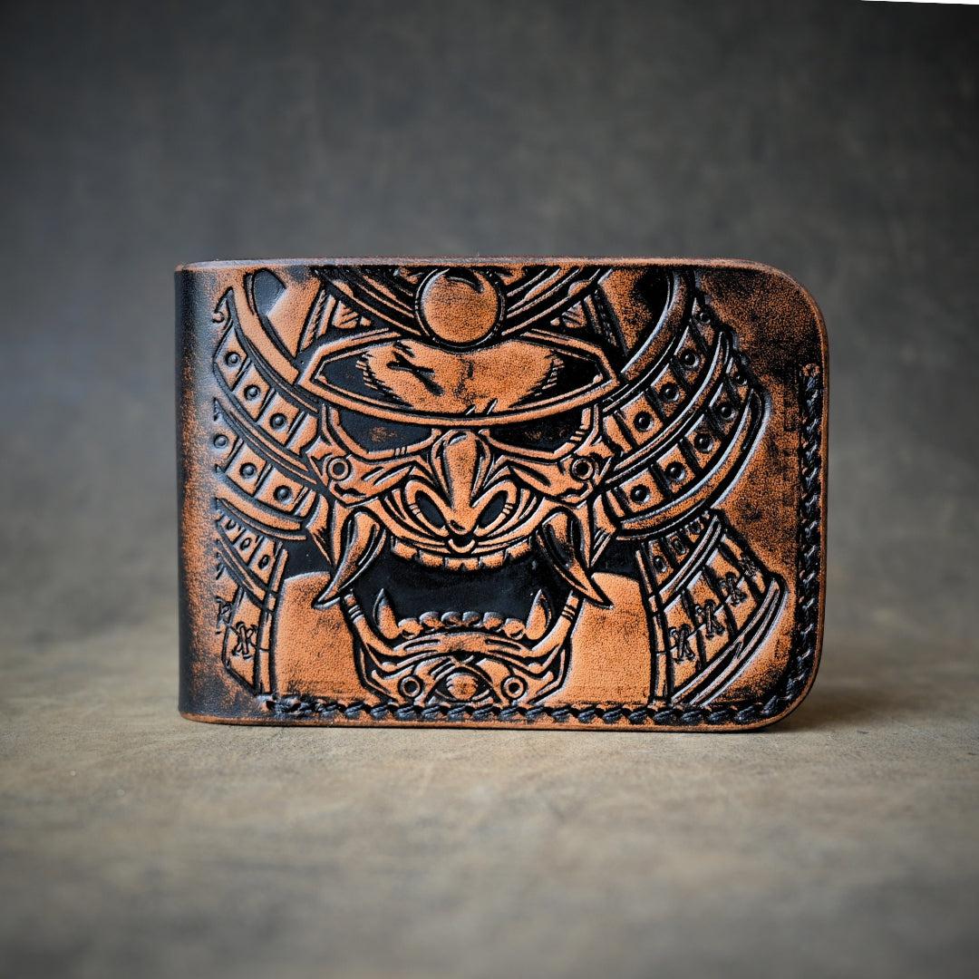 Samurai Mask Themed Bifold Wallet Ghost Leather Saddle Tan