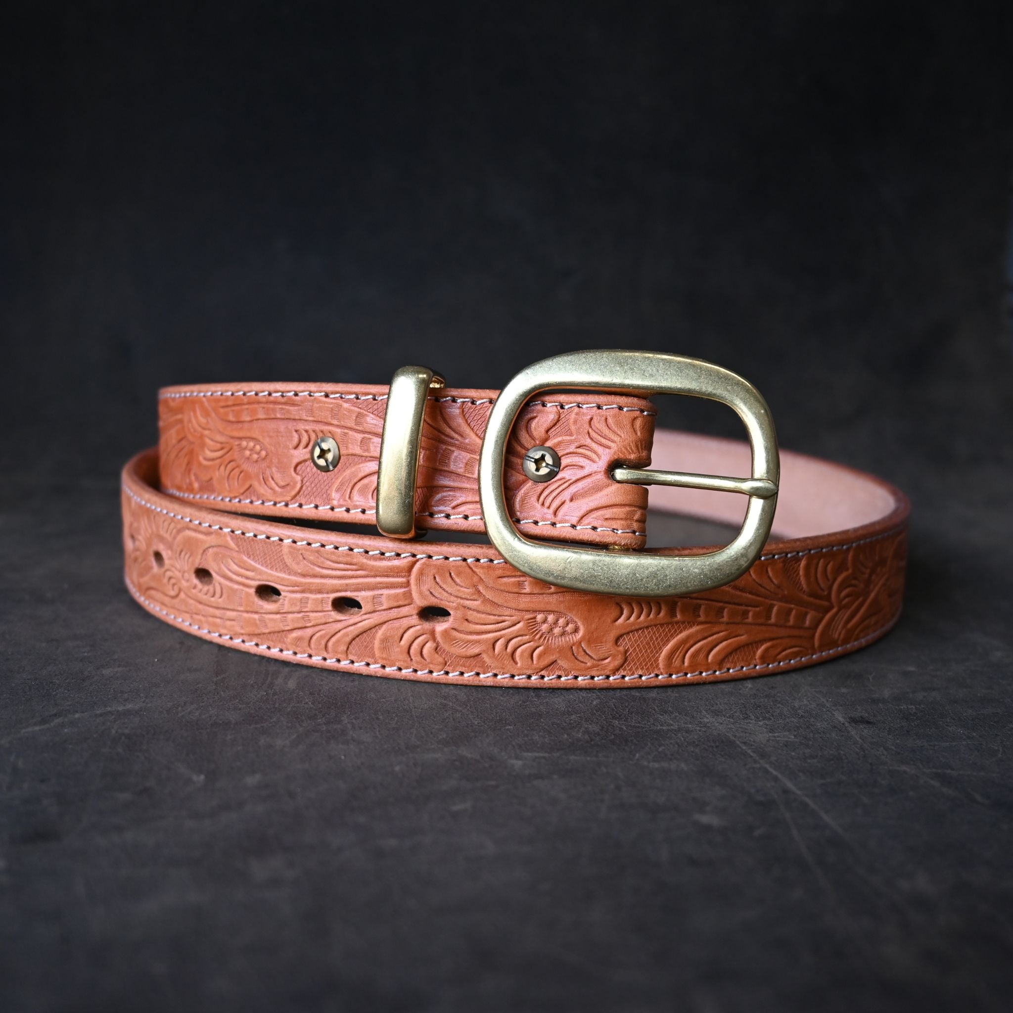 Tan Leather Belt Embossed with Floral Design & Cream Stitching
