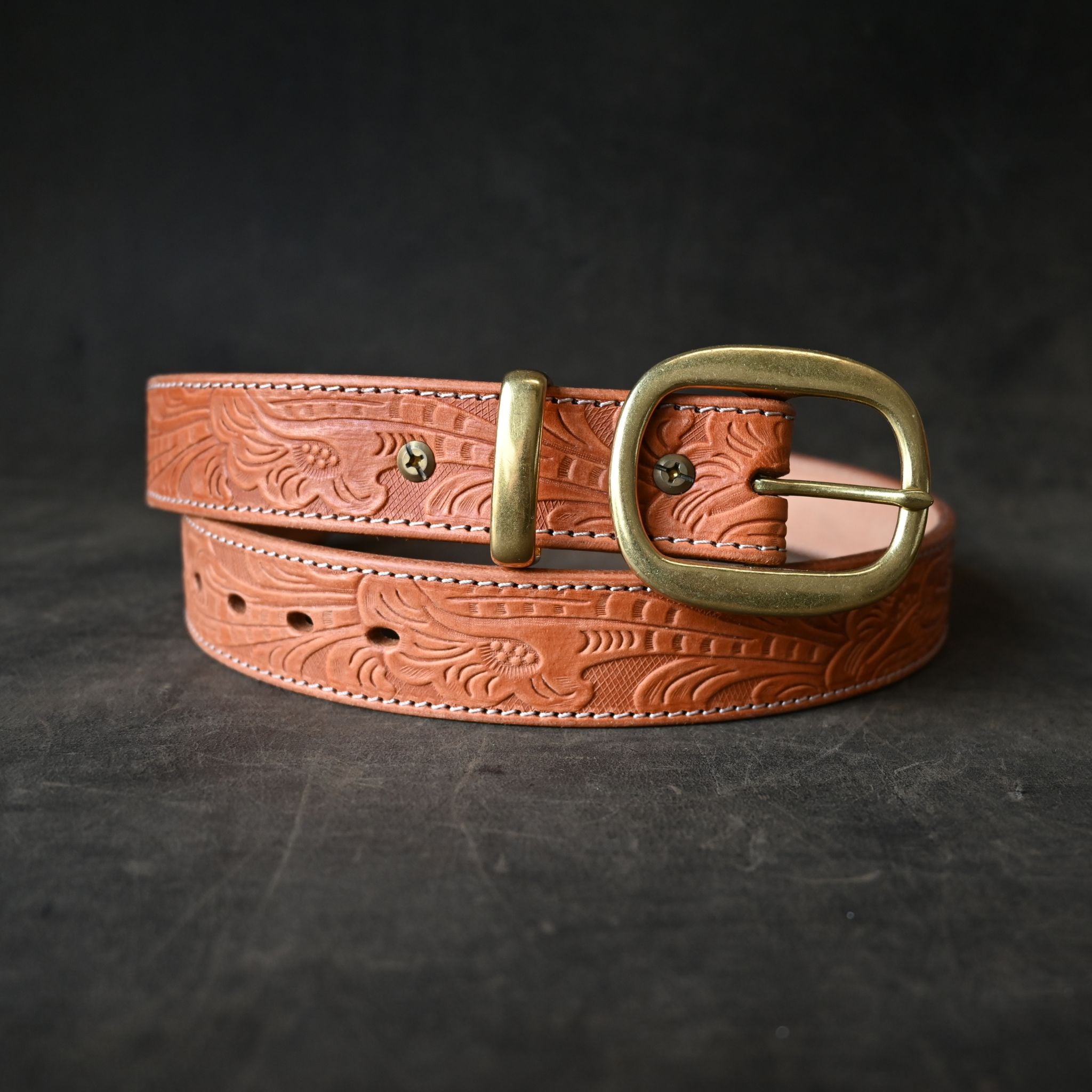 Tan Leather Belt Embossed with Floral Design & Cream Stitching