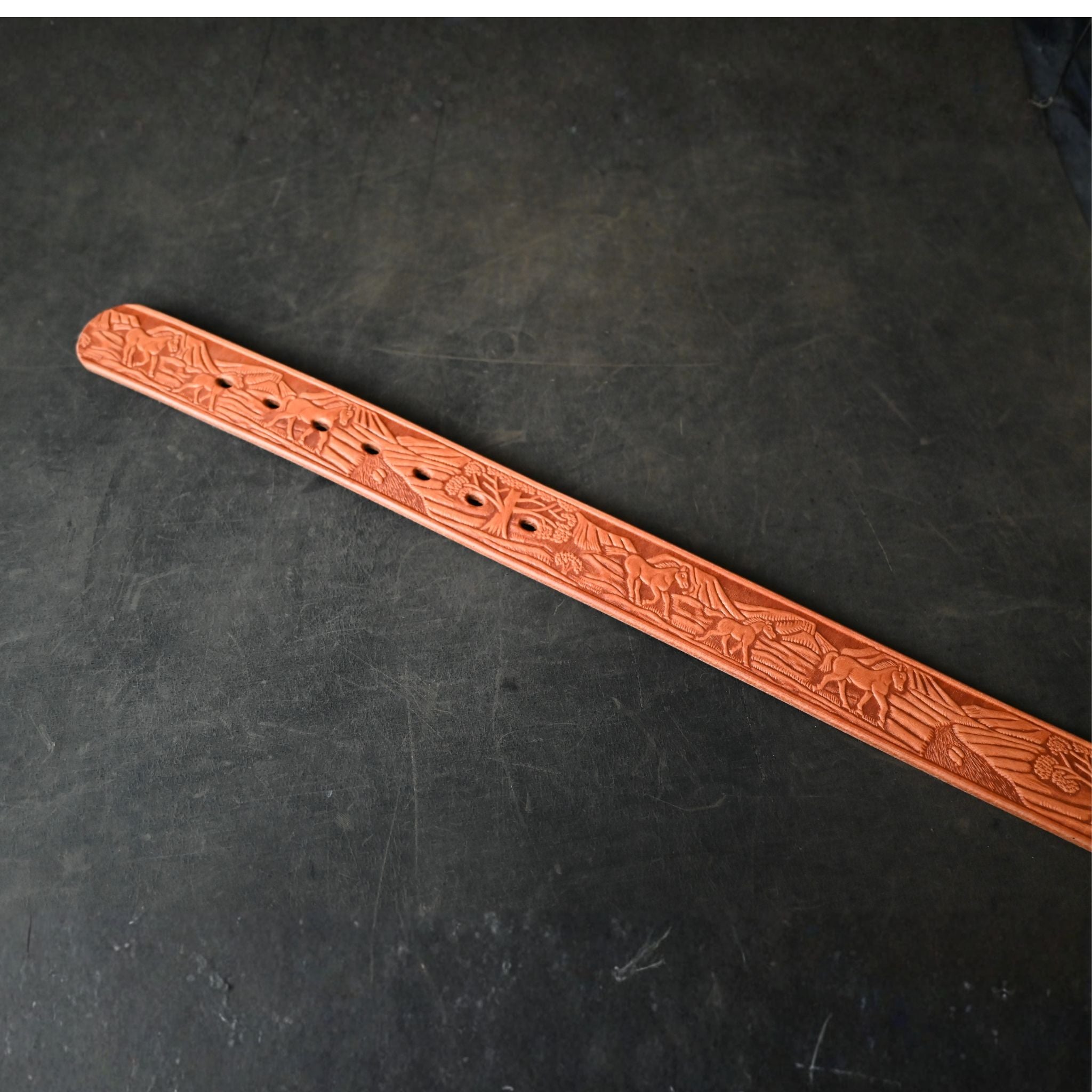 Tan Leather Belt Embossed with Horse Landscape
