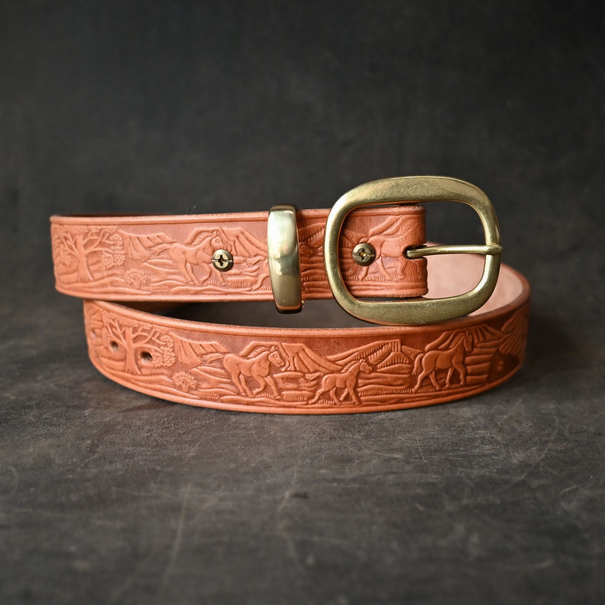 Tan Leather Belt Embossed with Horse Landscape