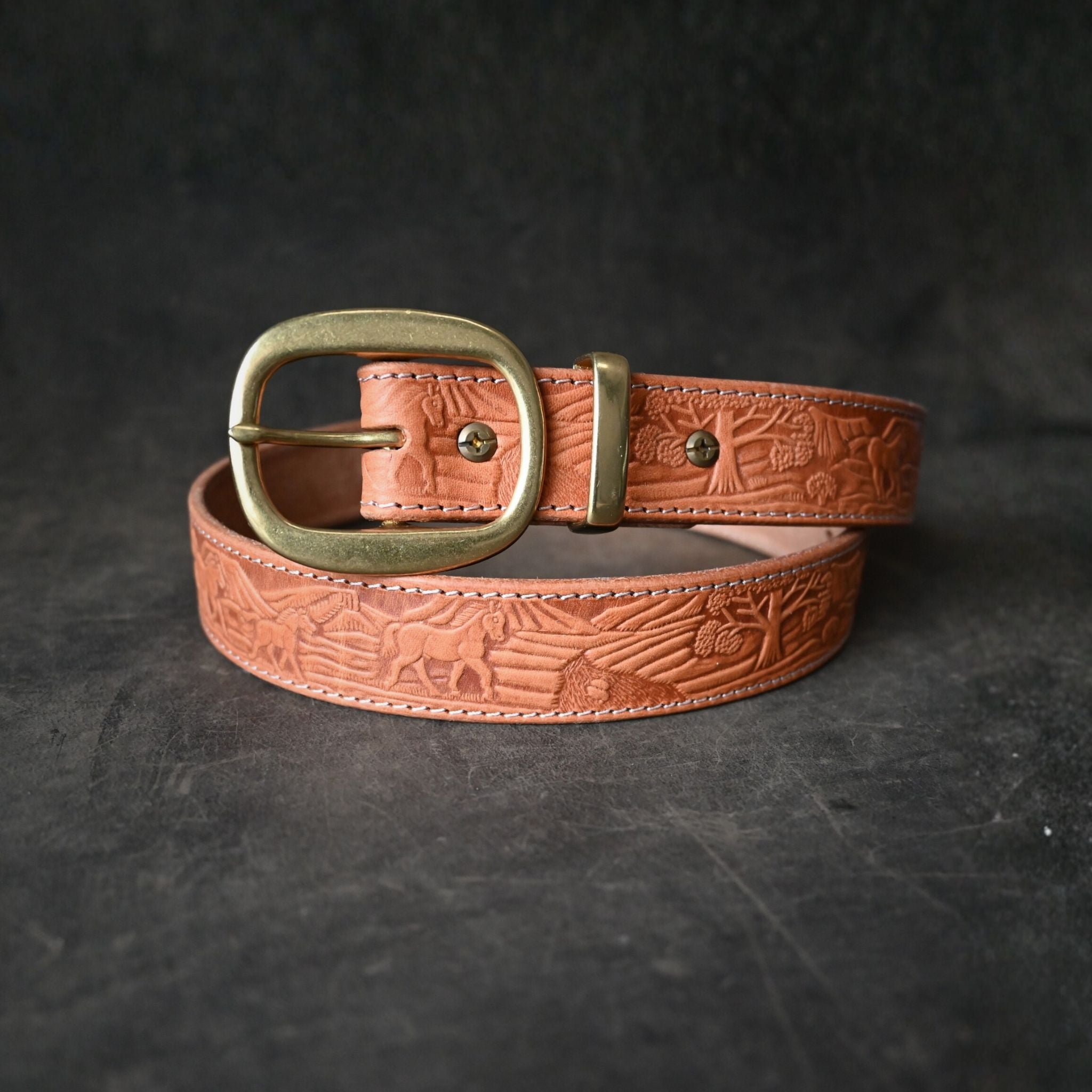 Tan Leather Belt Embossed with Horse Landscape & Cream Stitching