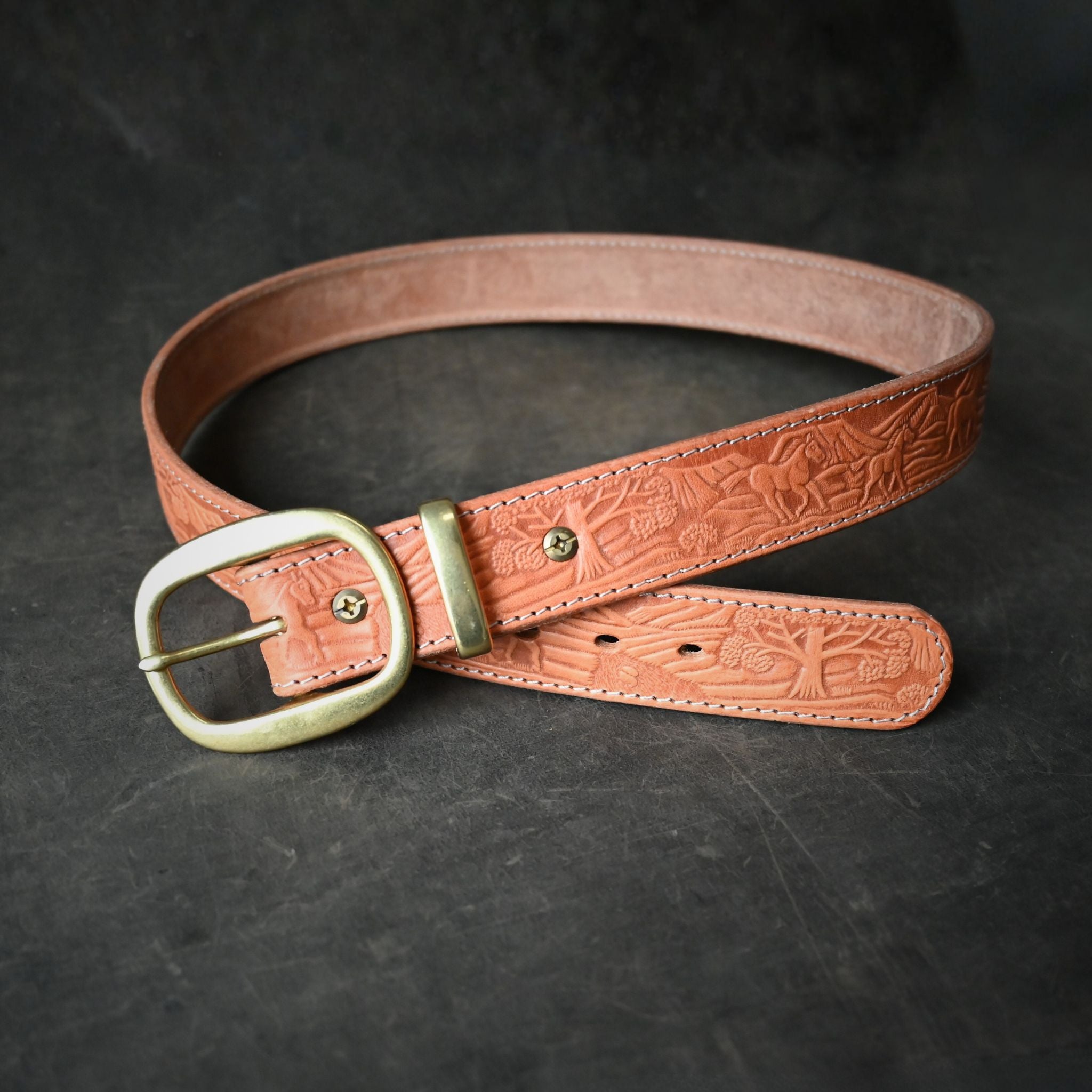 Tan Leather Belt Embossed with Horse Landscape & Cream Stitching