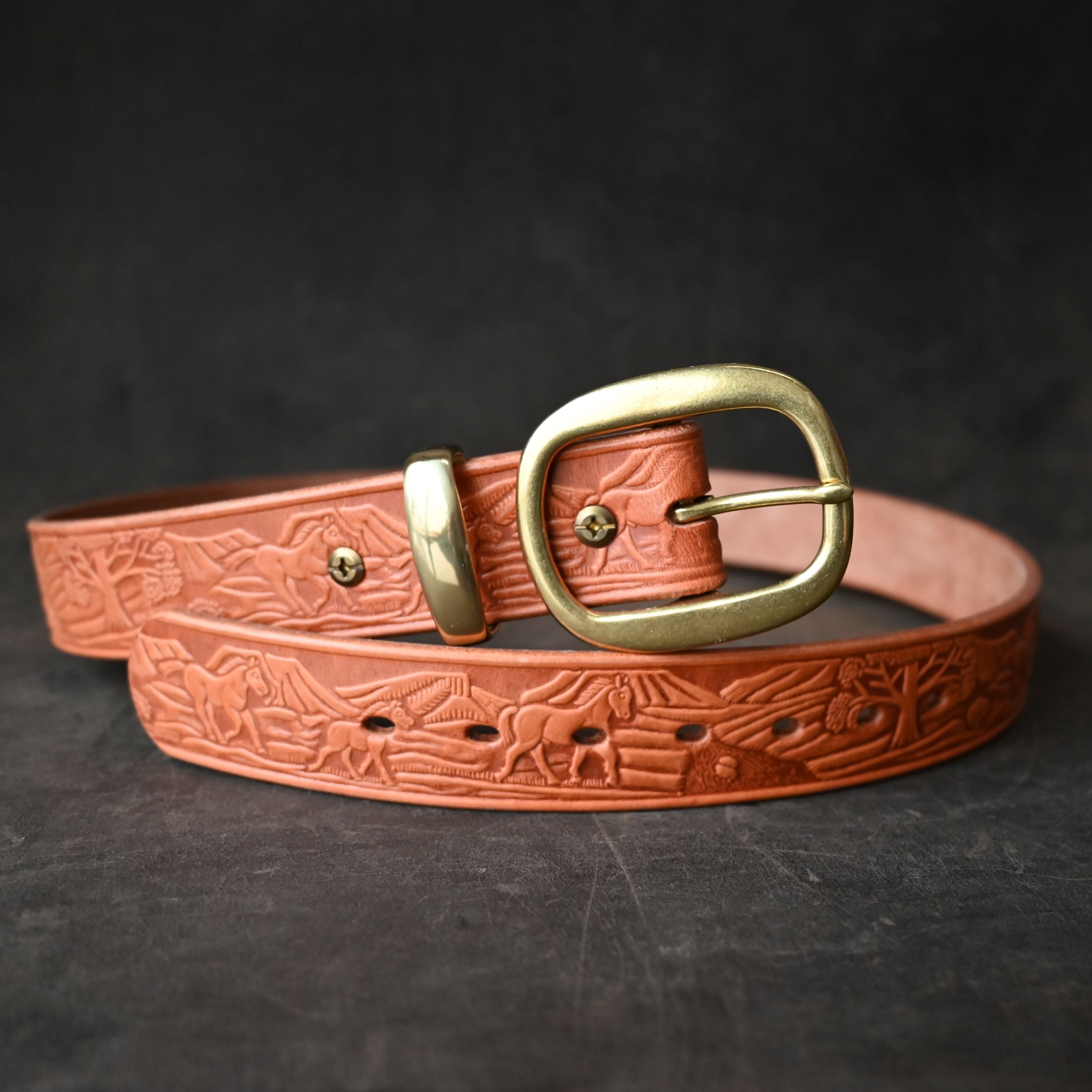 Tan Leather Belt Embossed with Horse Landscape